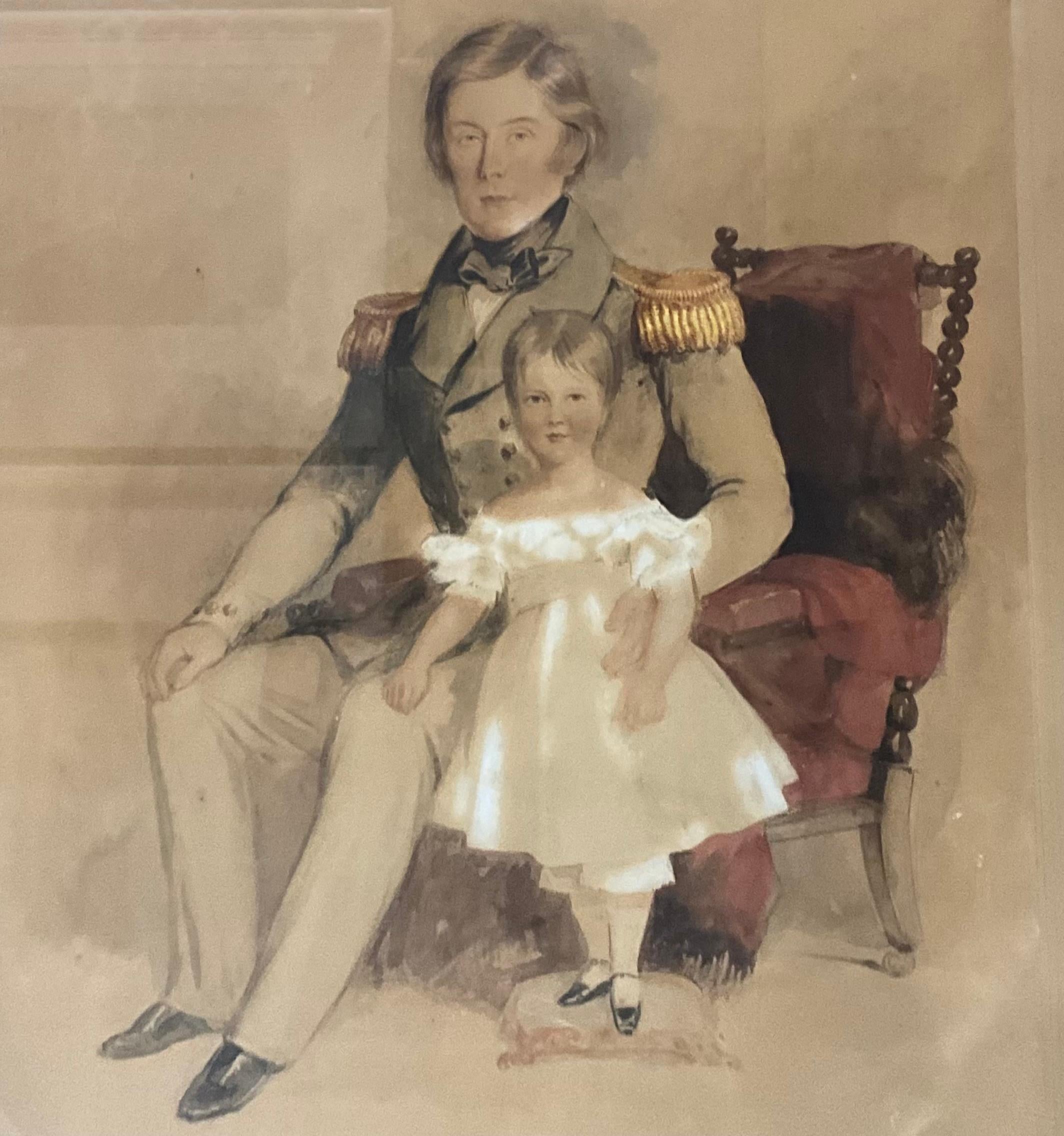 I love this! It is a framed English sea captain with his child dating to approximately 1850. It is a watercolor on paper. The frame is burl walnut, and both painting and frame show wear. No signature visible. 