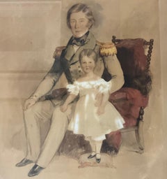 19th-C. English Sea Ship Captain W/ Child Watercolor on Paper In Burl Frame