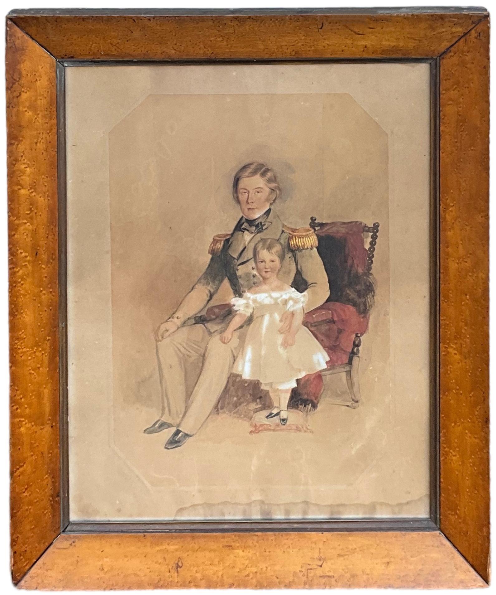 Aesthetic Movement 19th-C. English Sea Ship Captain W/ Child Watercolor on Paper In Burl Frame  For Sale