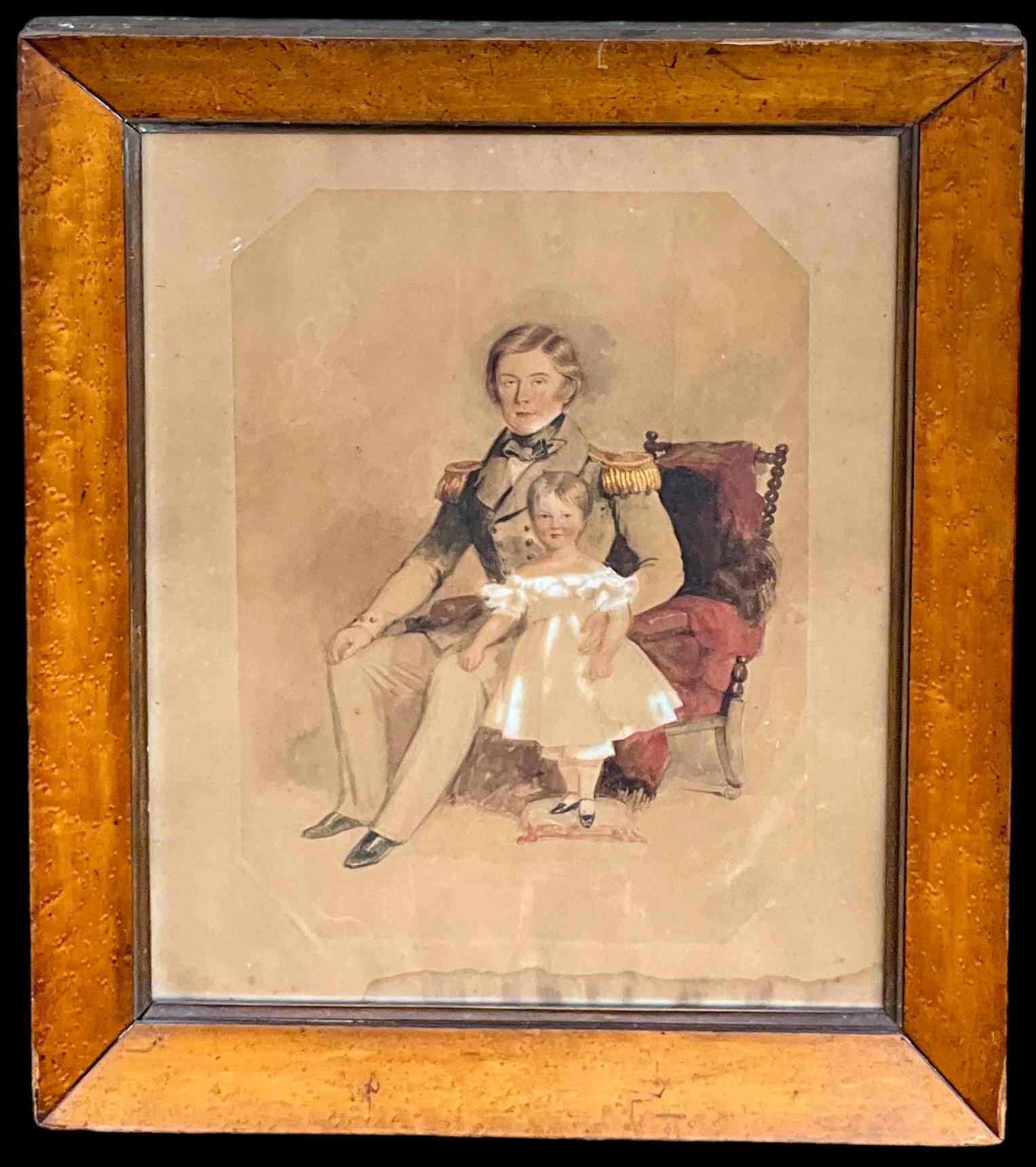 19th Century 19th-C. English Sea Ship Captain W/ Child Watercolor on Paper In Burl Frame  For Sale