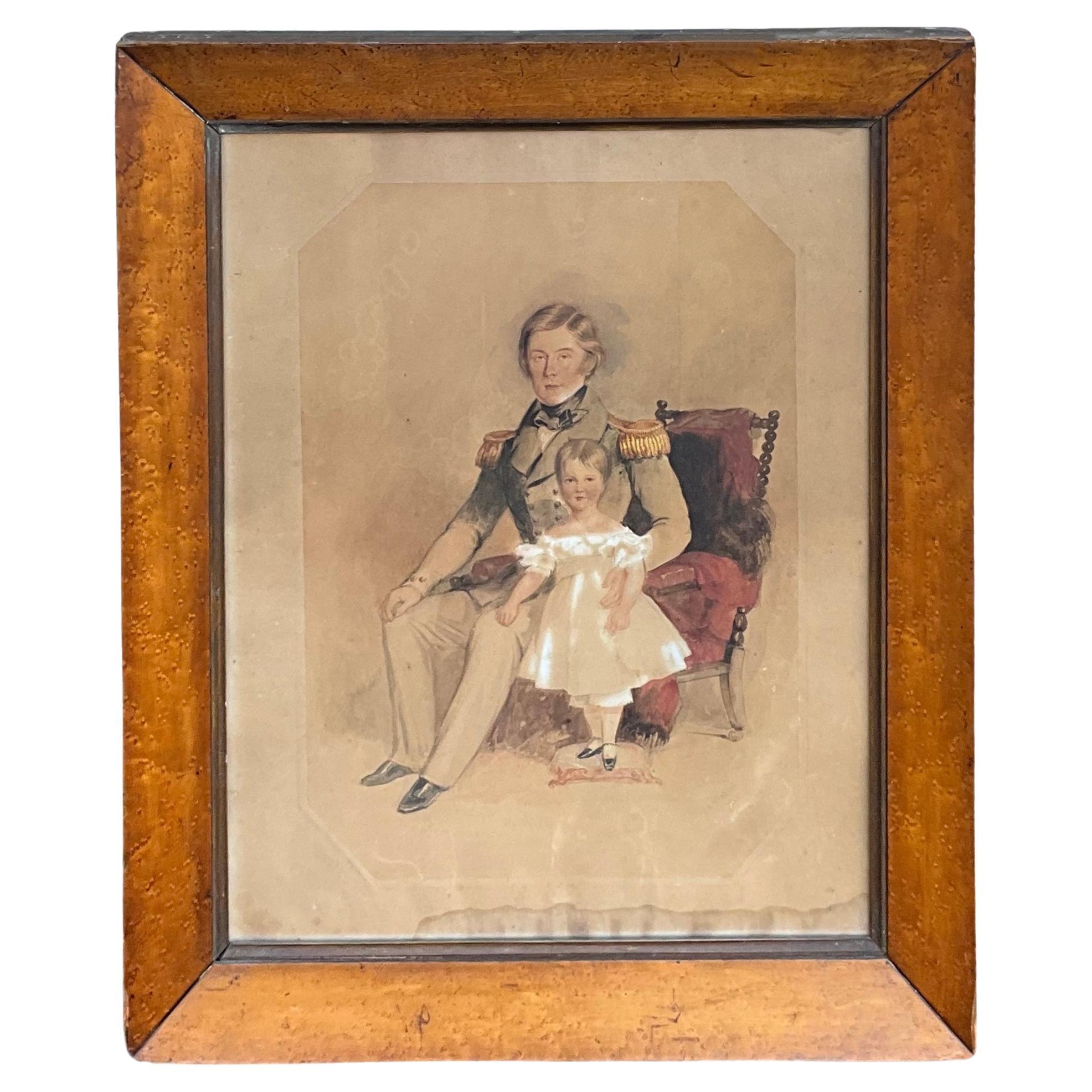 19th-C. English Sea Ship Captain W/ Child Watercolor on Paper In Burl Frame 