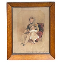 Antique 19th-C. English Sea Ship Captain W/ Child Watercolor on Paper In Burl Frame 