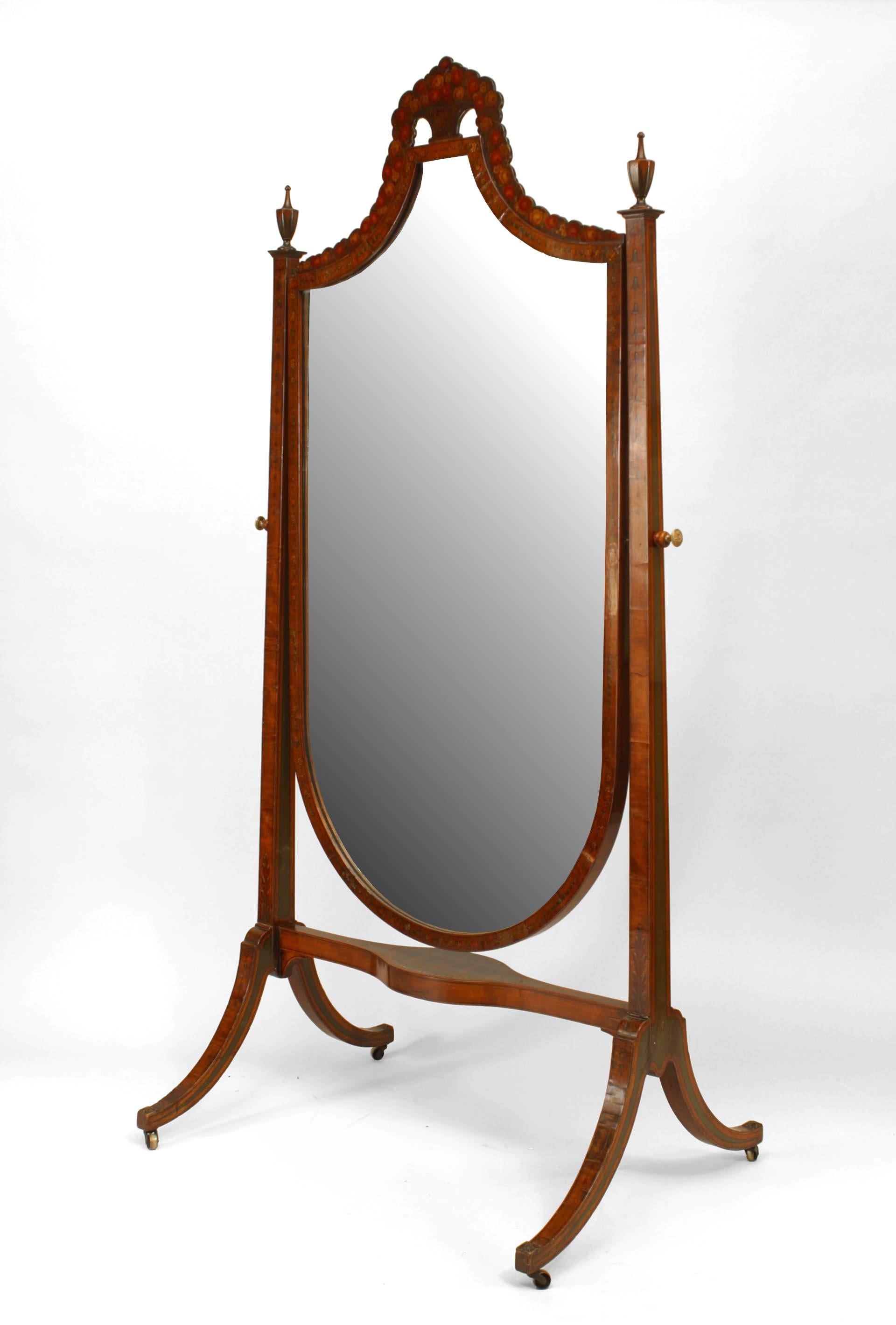 English Sheraton-style (19th Century) satinwood cheval mirror with floral decoration and urn top finials.
