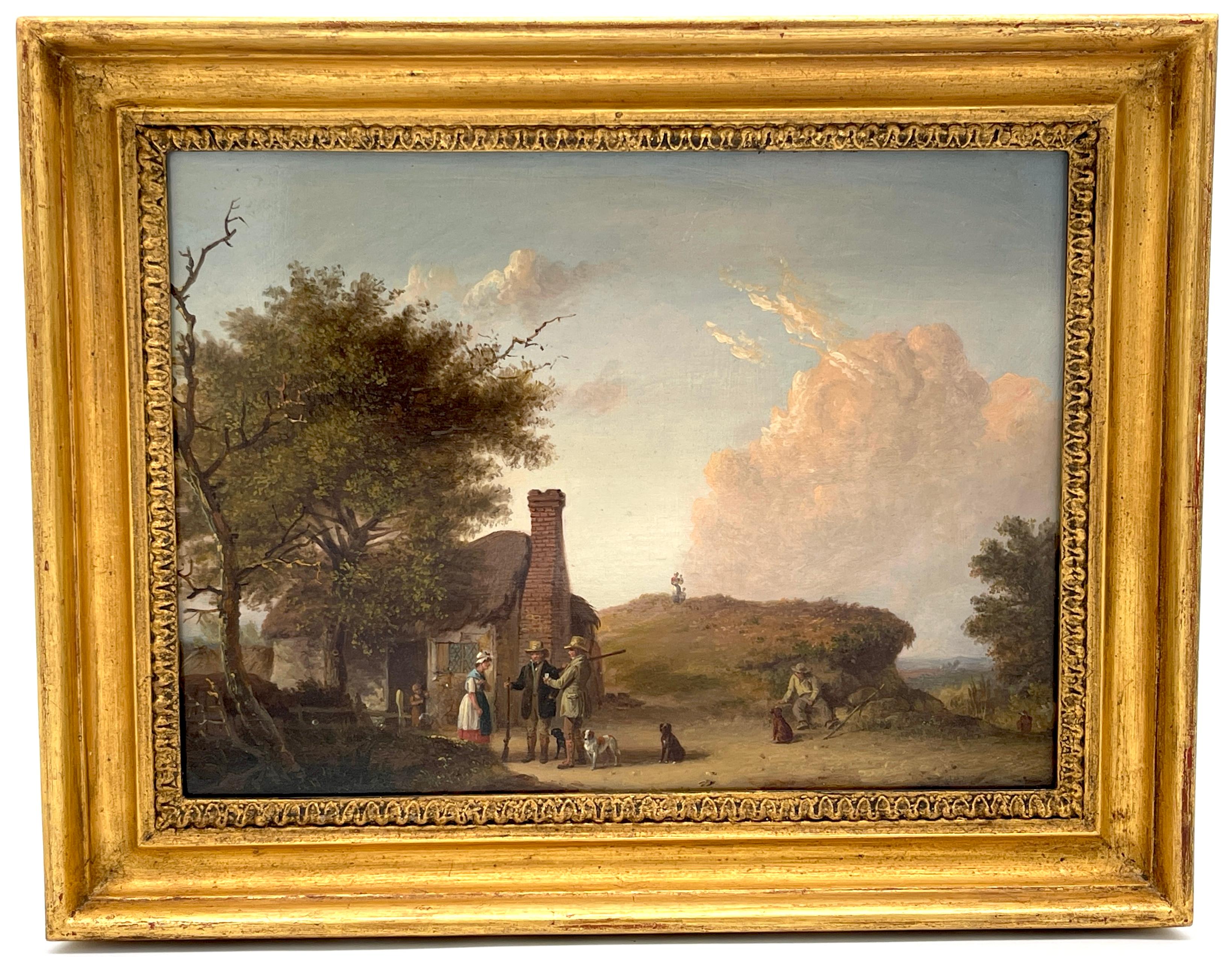 19th C English Sporting Landscape with Hunters & Dogs, by Edmund Bristow 
Provenance : Arthur Ackermann & Son Ltd. 33 New Bond Street London 
Edmund Bristow (BRITISH, 1787–1876) 'Sportsmen with their dogs outside a cottage' 
Panel with added Cradle 