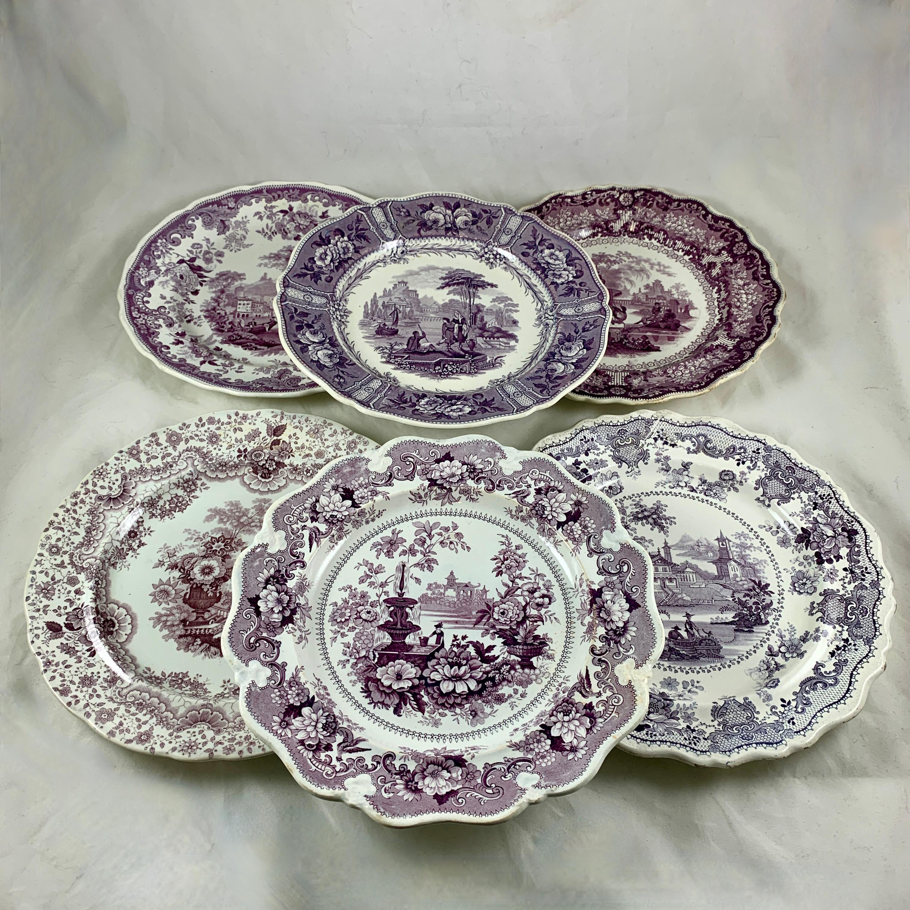 English Staffordshire Purple Transferware Dinner Plates, Mixed Set of 6 5