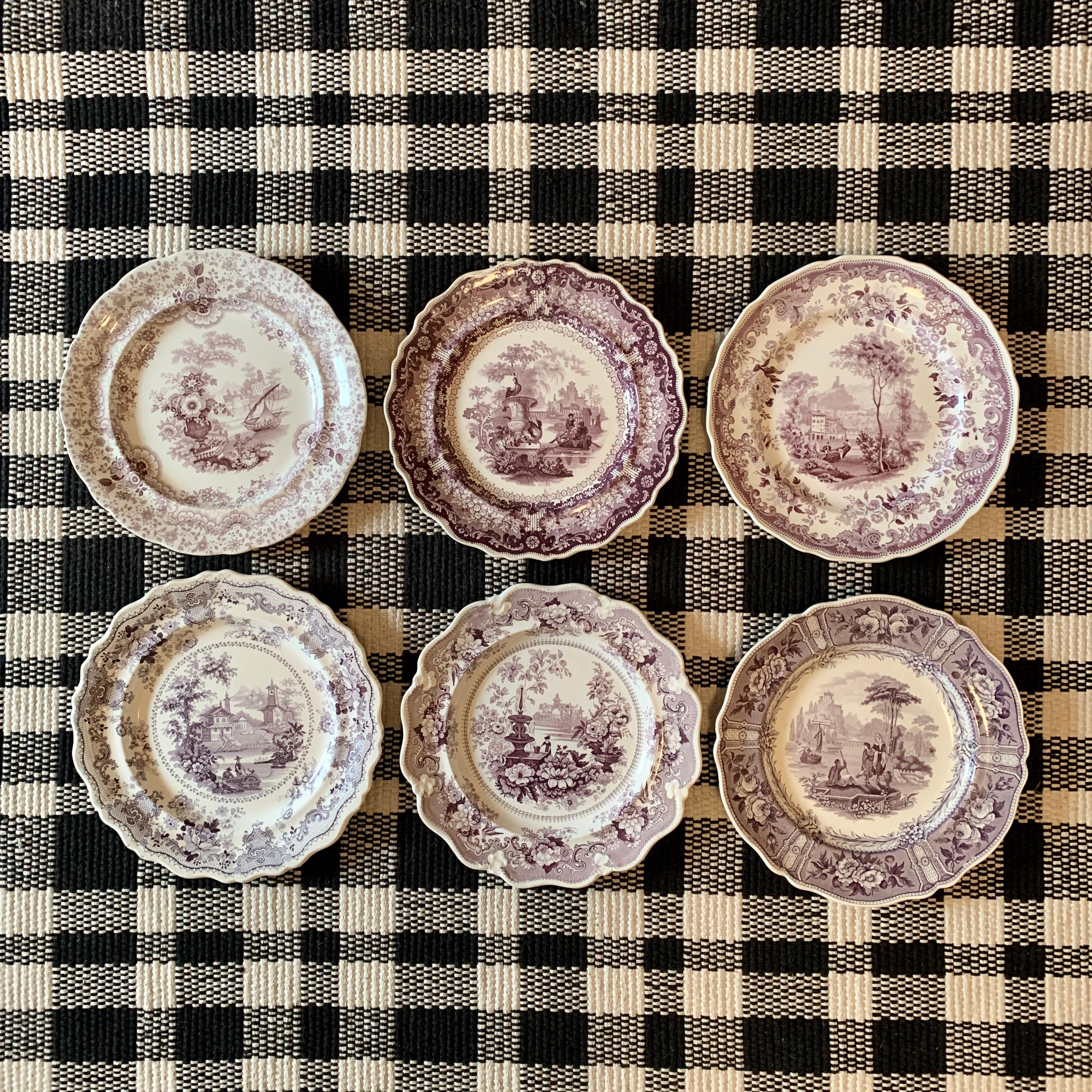 An assembled set of six different patterns of purple on white earthenware Transferware dinner plates, Staffordshire, England, circa 1822-1887, 19th century.

The patterns include:

Carolina– Maker: Ralph Hall & Co. Tunstall, Staffordshire –