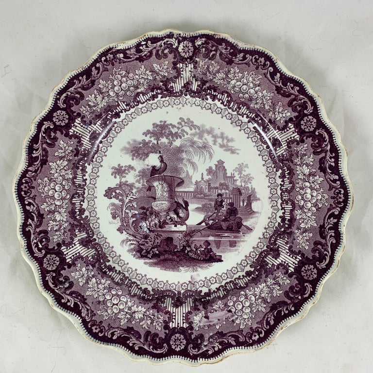 English Staffordshire Purple Transferware Dinner Plates, Mixed Set of 6