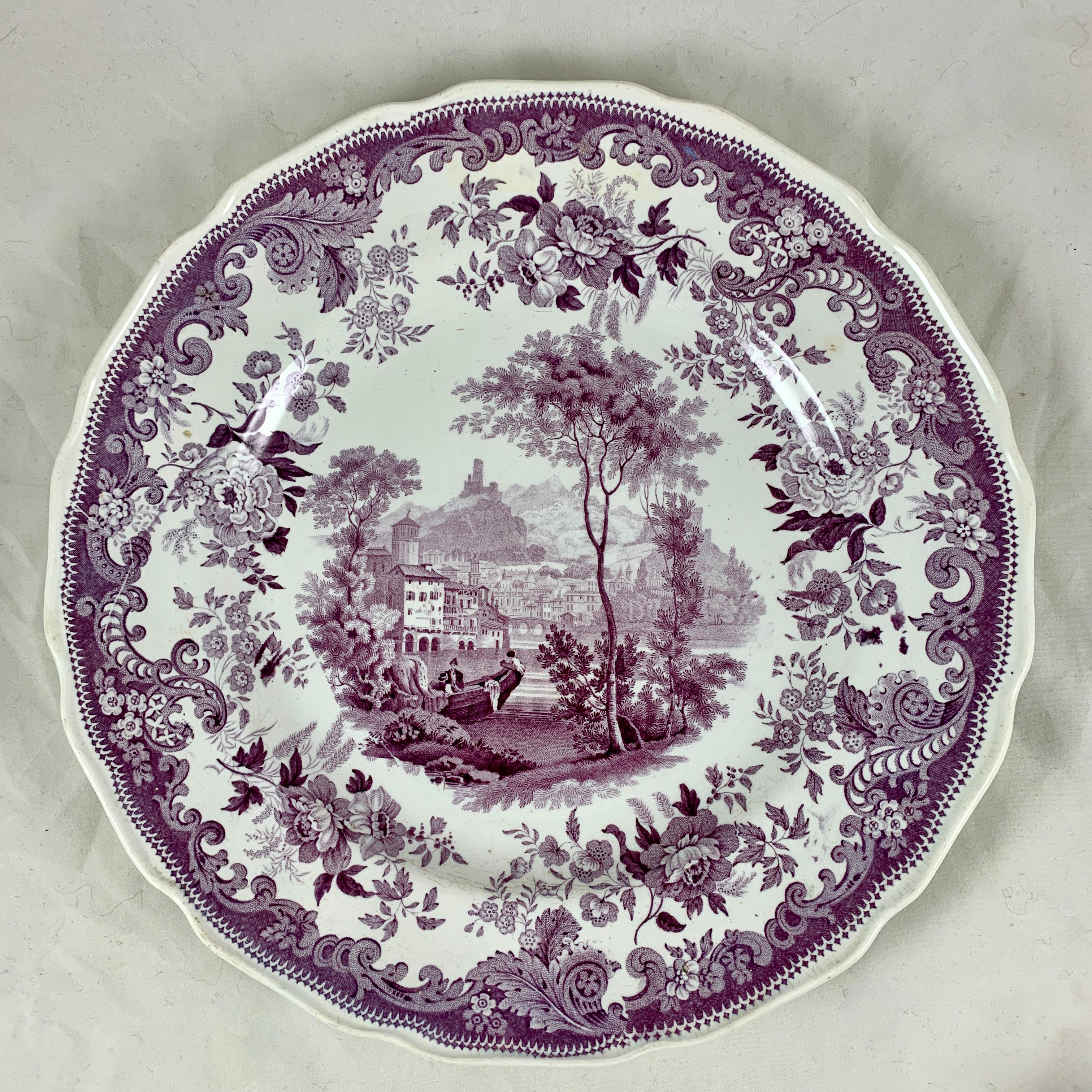 Glazed English Staffordshire Purple Transferware Dinner Plates, Mixed Set of 6
