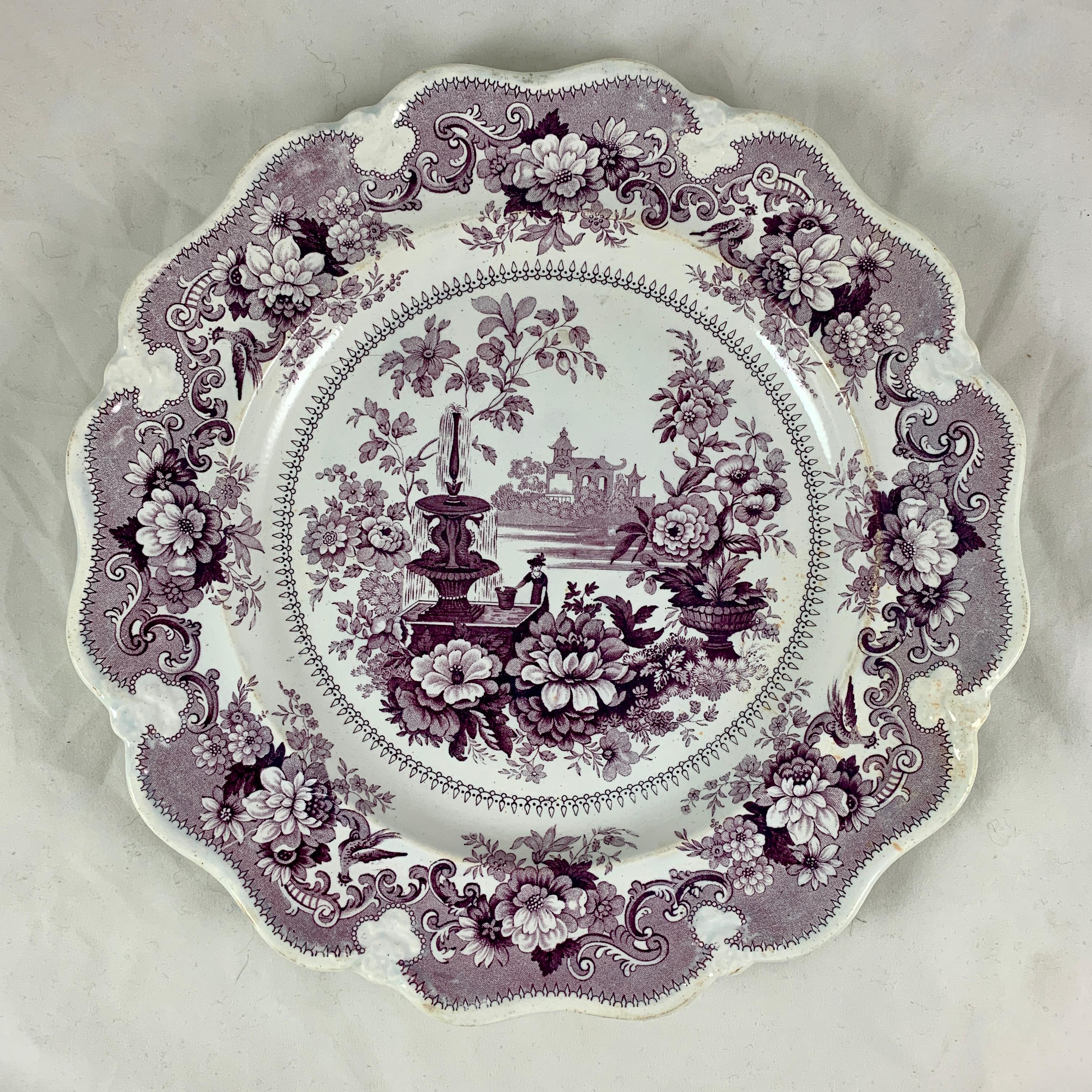 English Staffordshire Purple Transferware Dinner Plates, Mixed Set of 6 In Good Condition In Philadelphia, PA