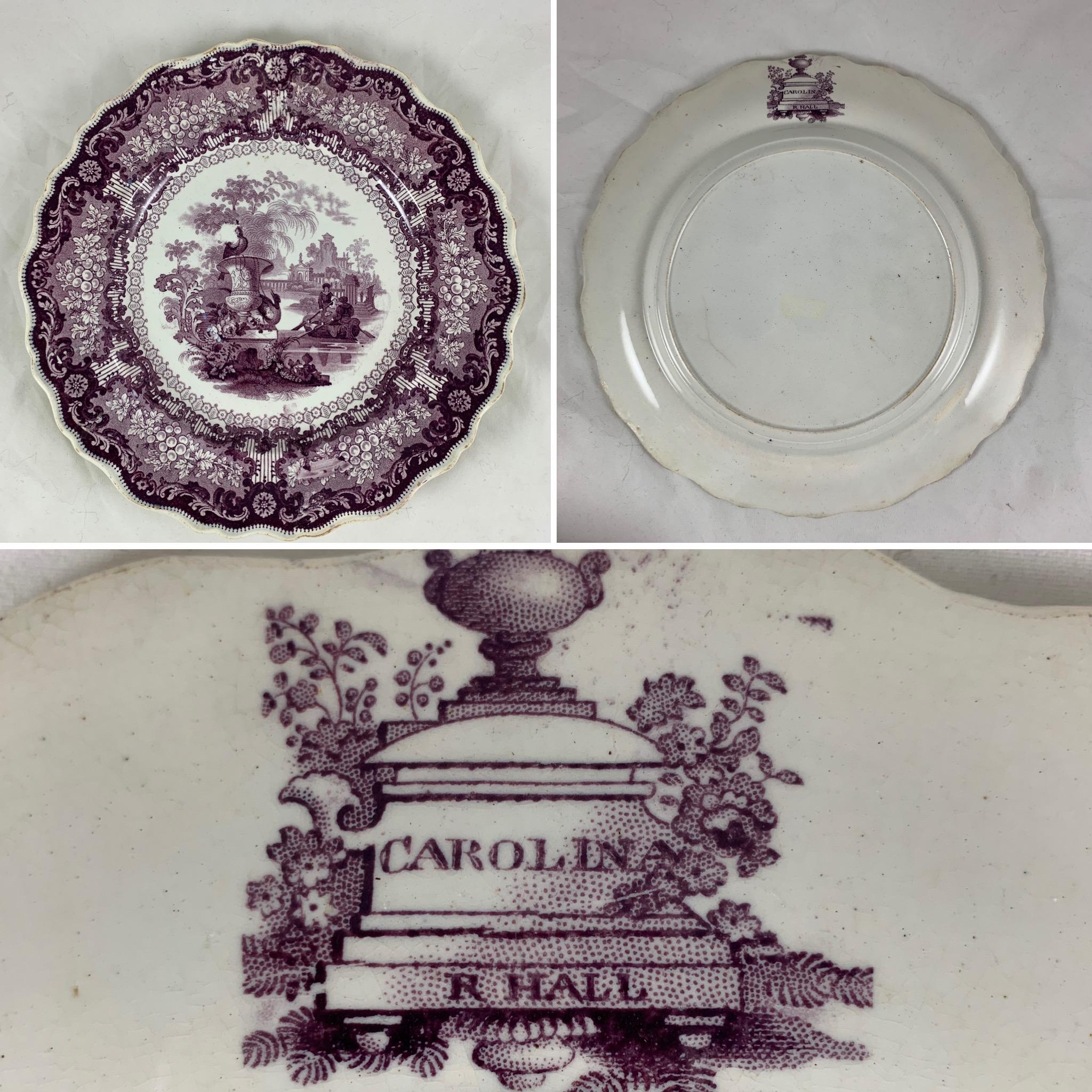 19th Century English Staffordshire Purple Transferware Dinner Plates, Mixed Set of 6