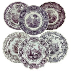 Antique English Staffordshire Purple Transferware Dinner Plates, Mixed Set of 6