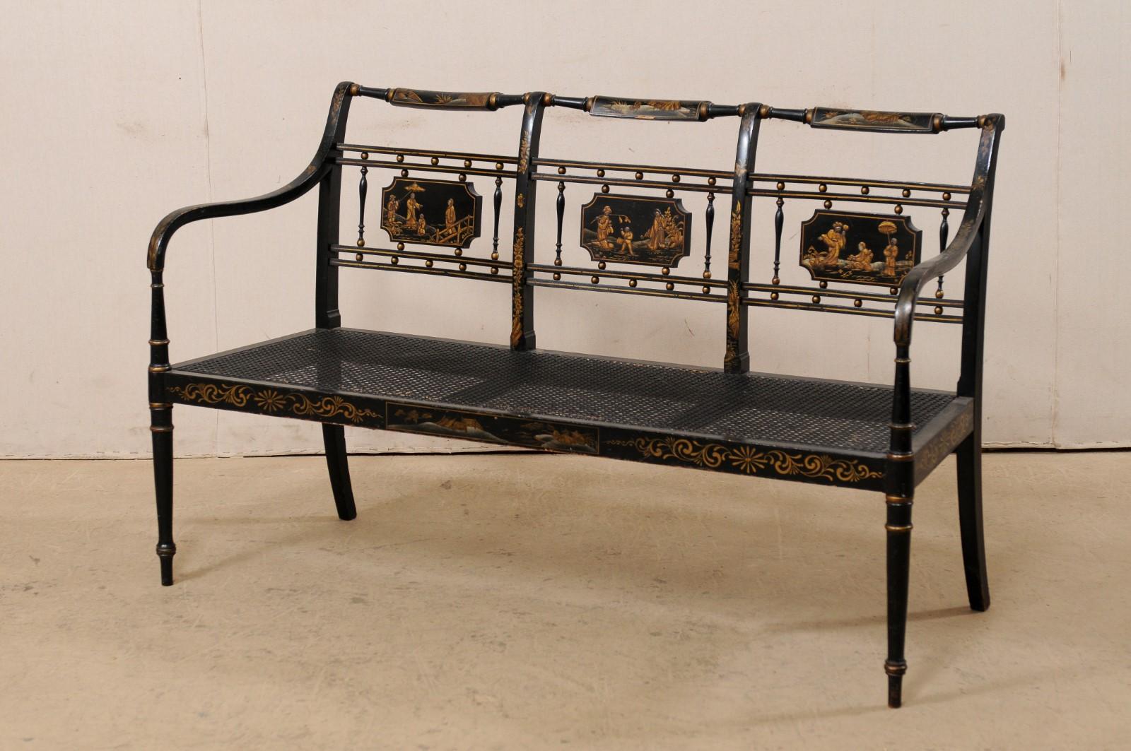 English Three-Chair Back Bench with Cane Seat and Original Chinoiserie Paint 5