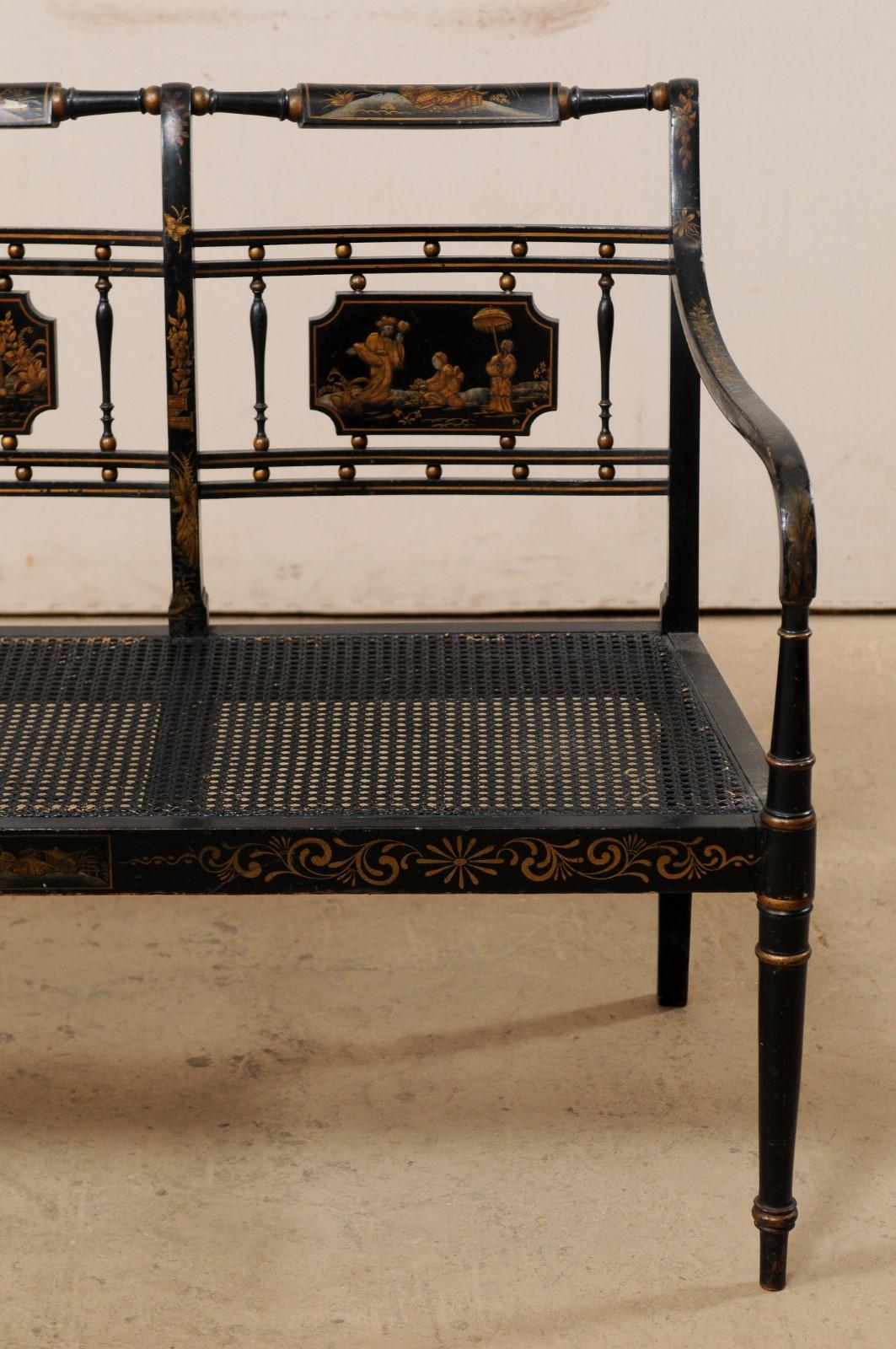 English Three-Chair Back Bench with Cane Seat and Original Chinoiserie Paint 6