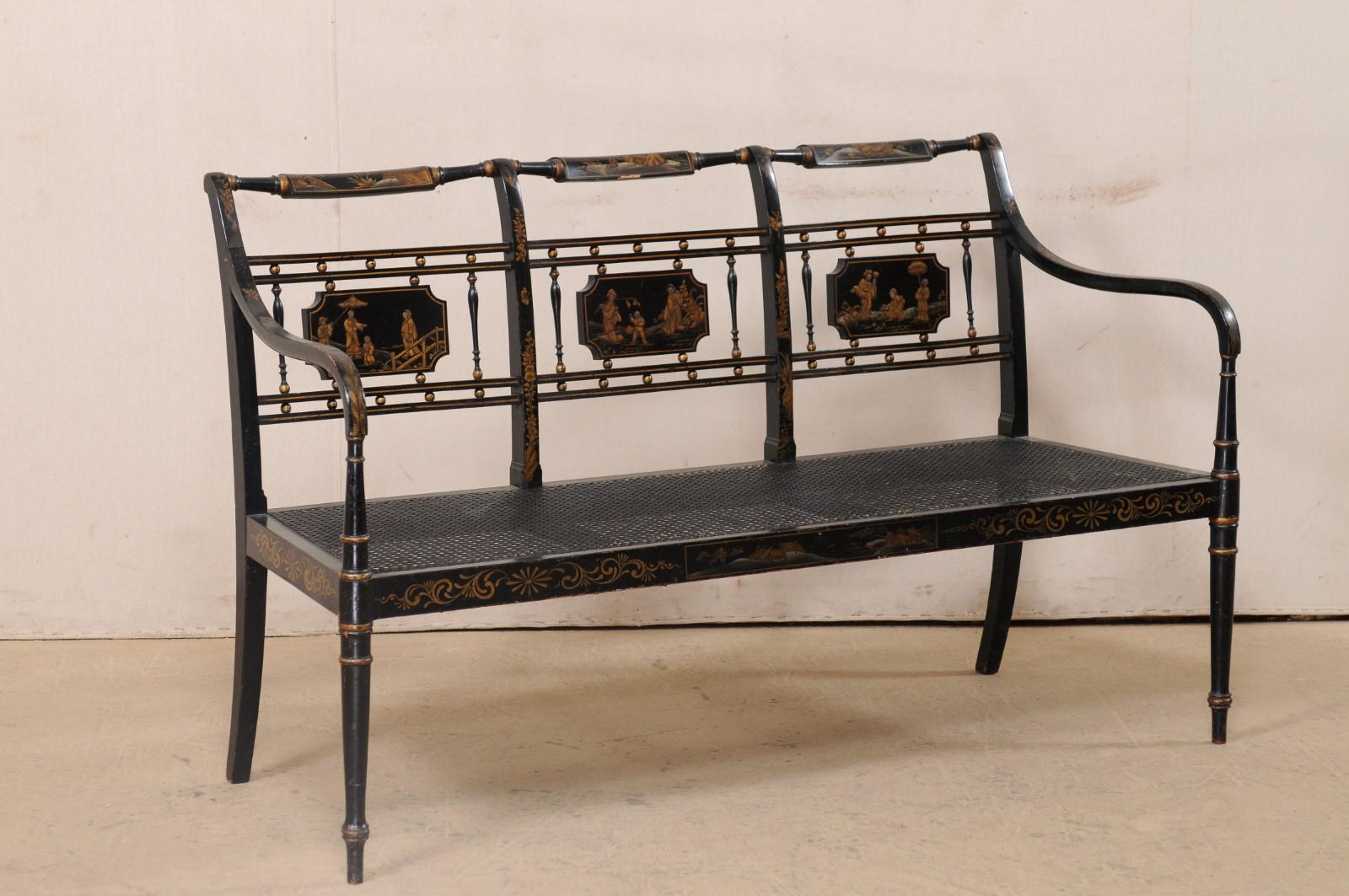 Hand-Woven English Three-Chair Back Bench with Cane Seat and Original Chinoiserie Paint