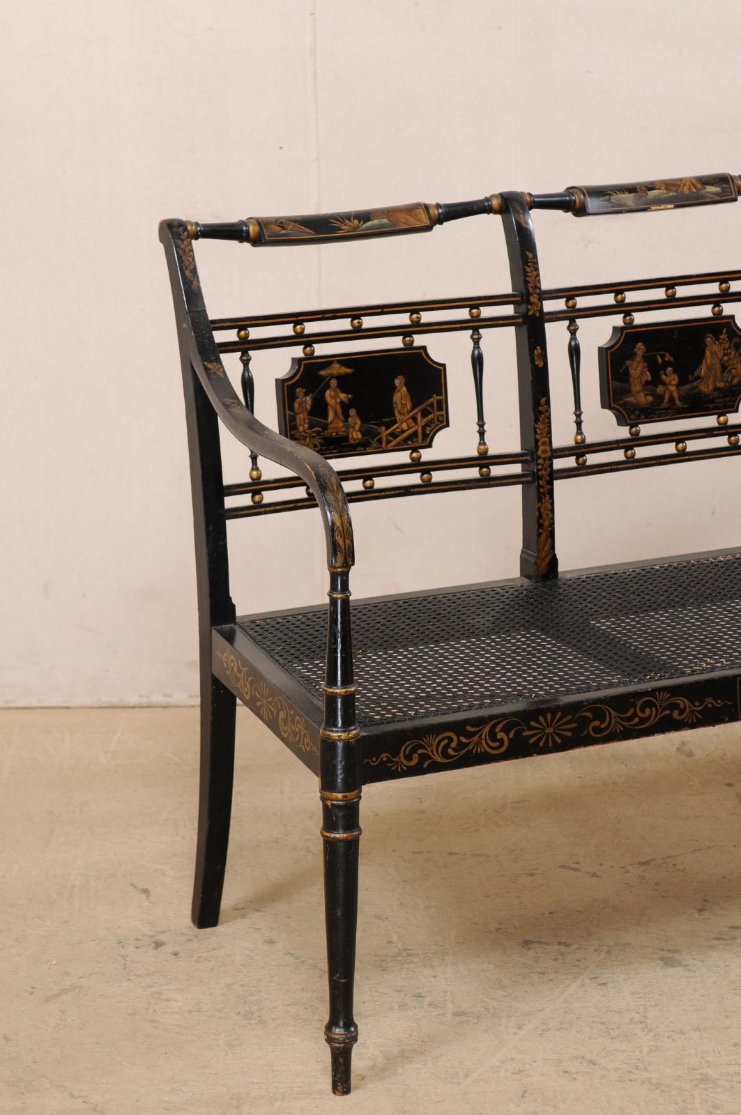 English Three-Chair Back Bench with Cane Seat and Original Chinoiserie Paint In Good Condition In Atlanta, GA