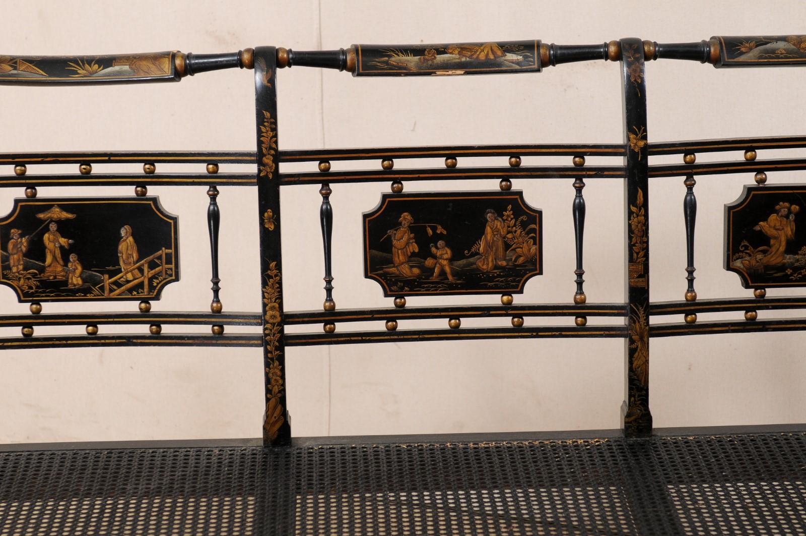 19th Century English Three-Chair Back Bench with Cane Seat and Original Chinoiserie Paint