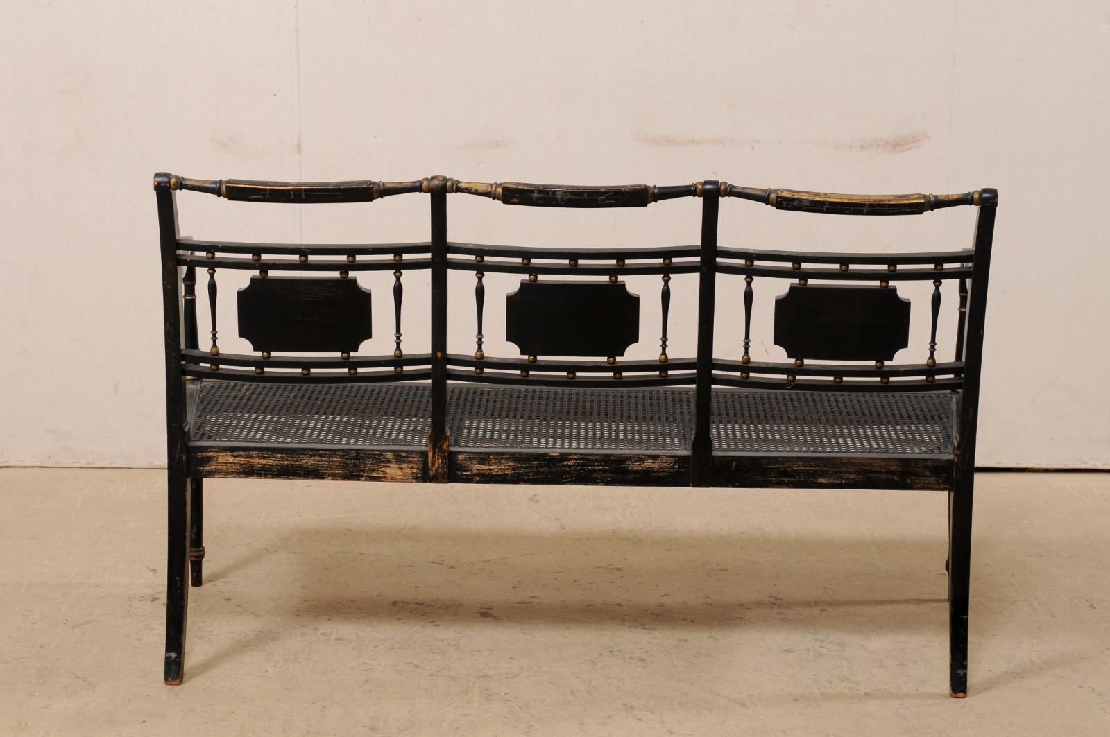 English Three-Chair Back Bench with Cane Seat and Original Chinoiserie Paint 3