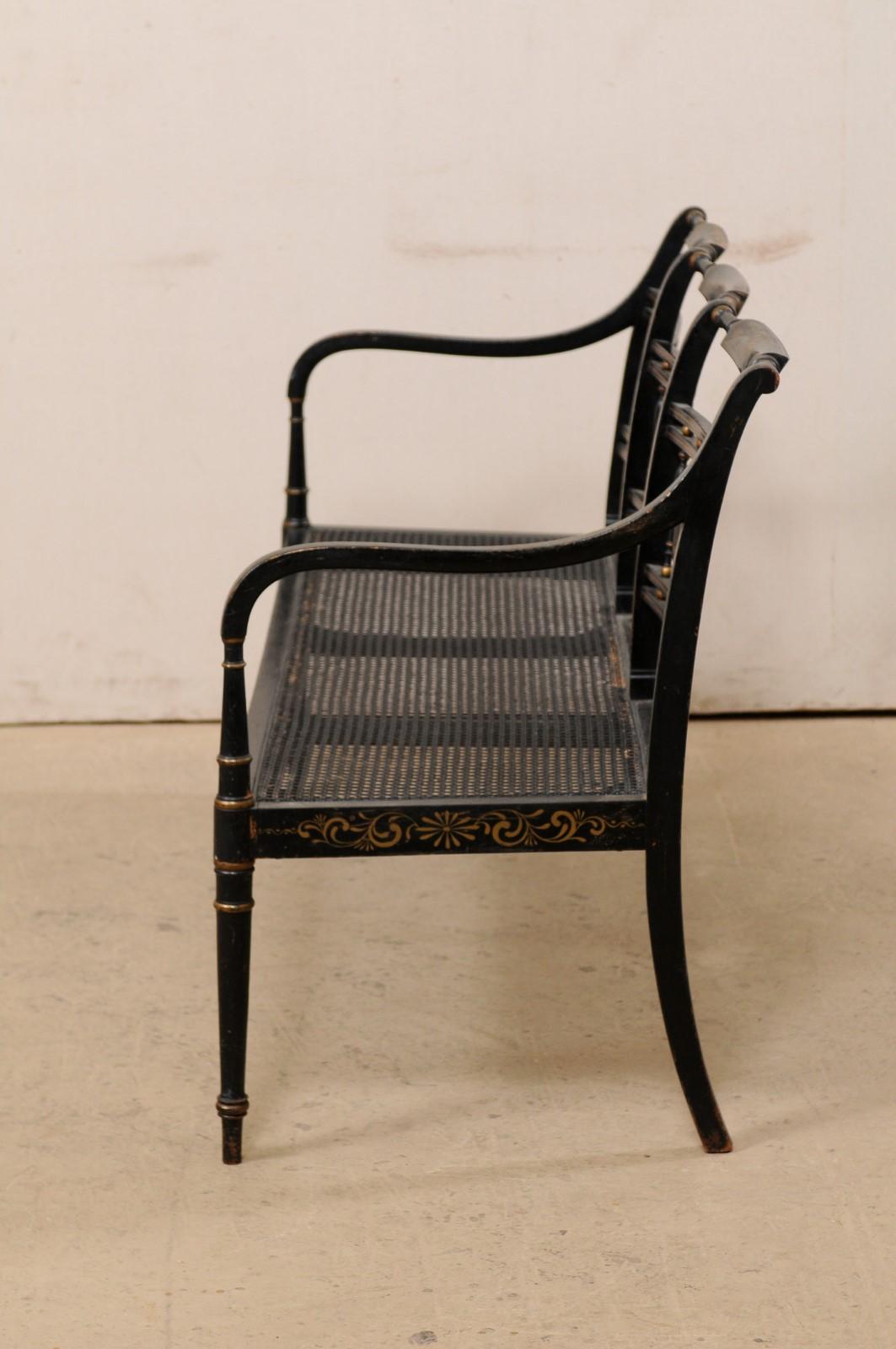 English Three-Chair Back Bench with Cane Seat and Original Chinoiserie Paint 4