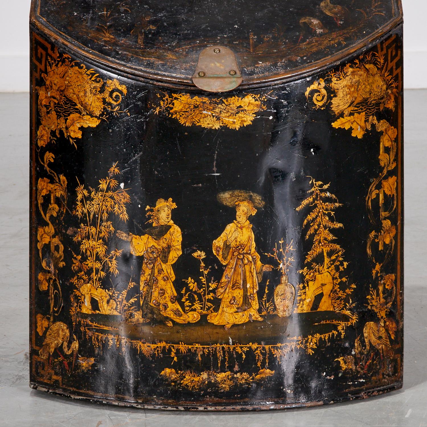 Gilt 19th C. English Tole Coal Bin with Chinoiserie Decoration Incl. Lid Interior For Sale