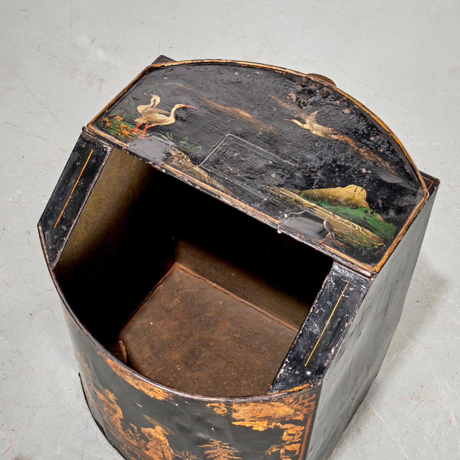 19th Century 19th C. English Tole Coal Bin with Chinoiserie Decoration Incl. Lid Interior For Sale