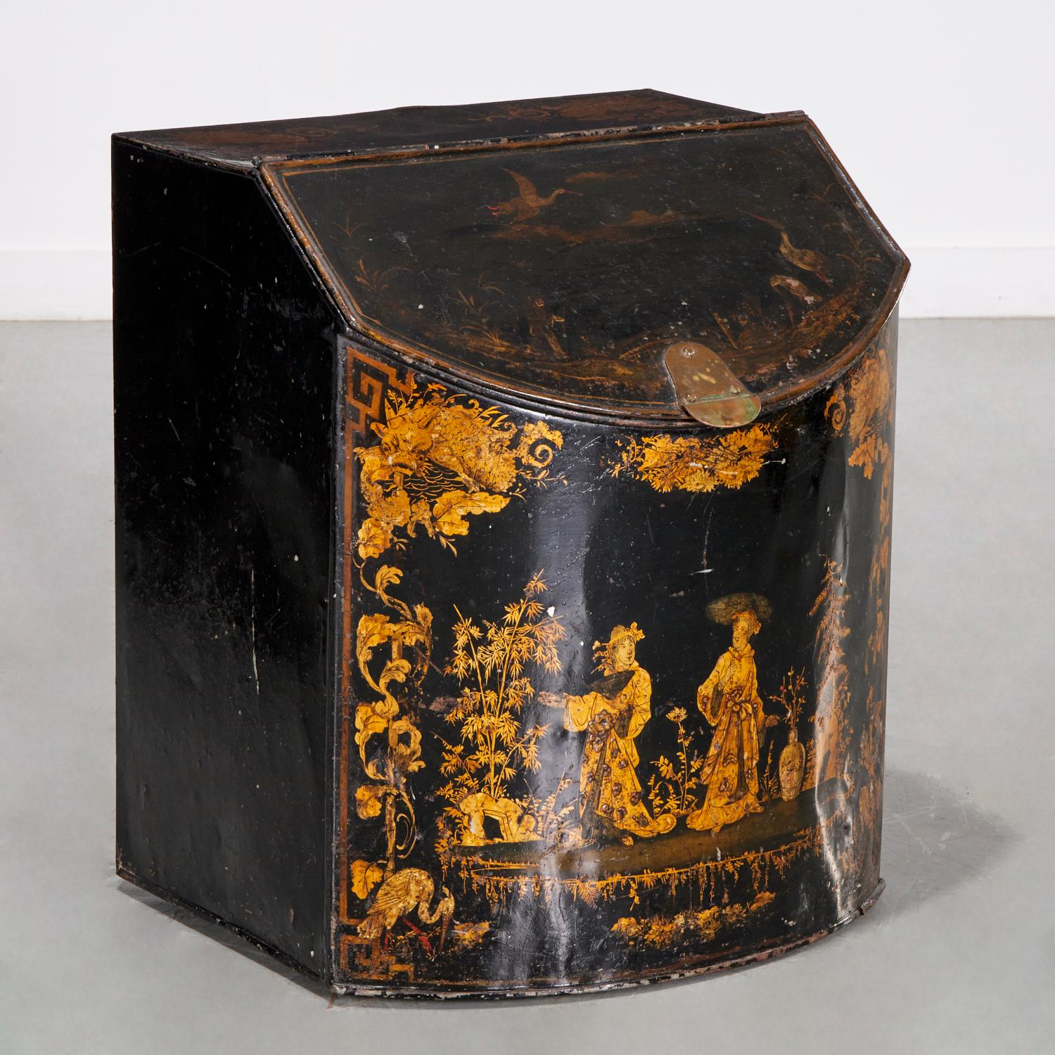 Metal 19th C. English Tole Coal Bin with Chinoiserie Decoration Incl. Lid Interior For Sale