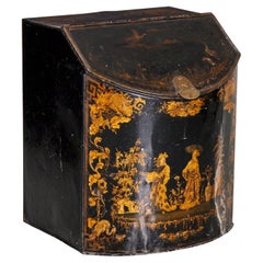 Antique 19th C. English Tole Coal Bin with Chinoiserie Decoration Incl. Lid Interior