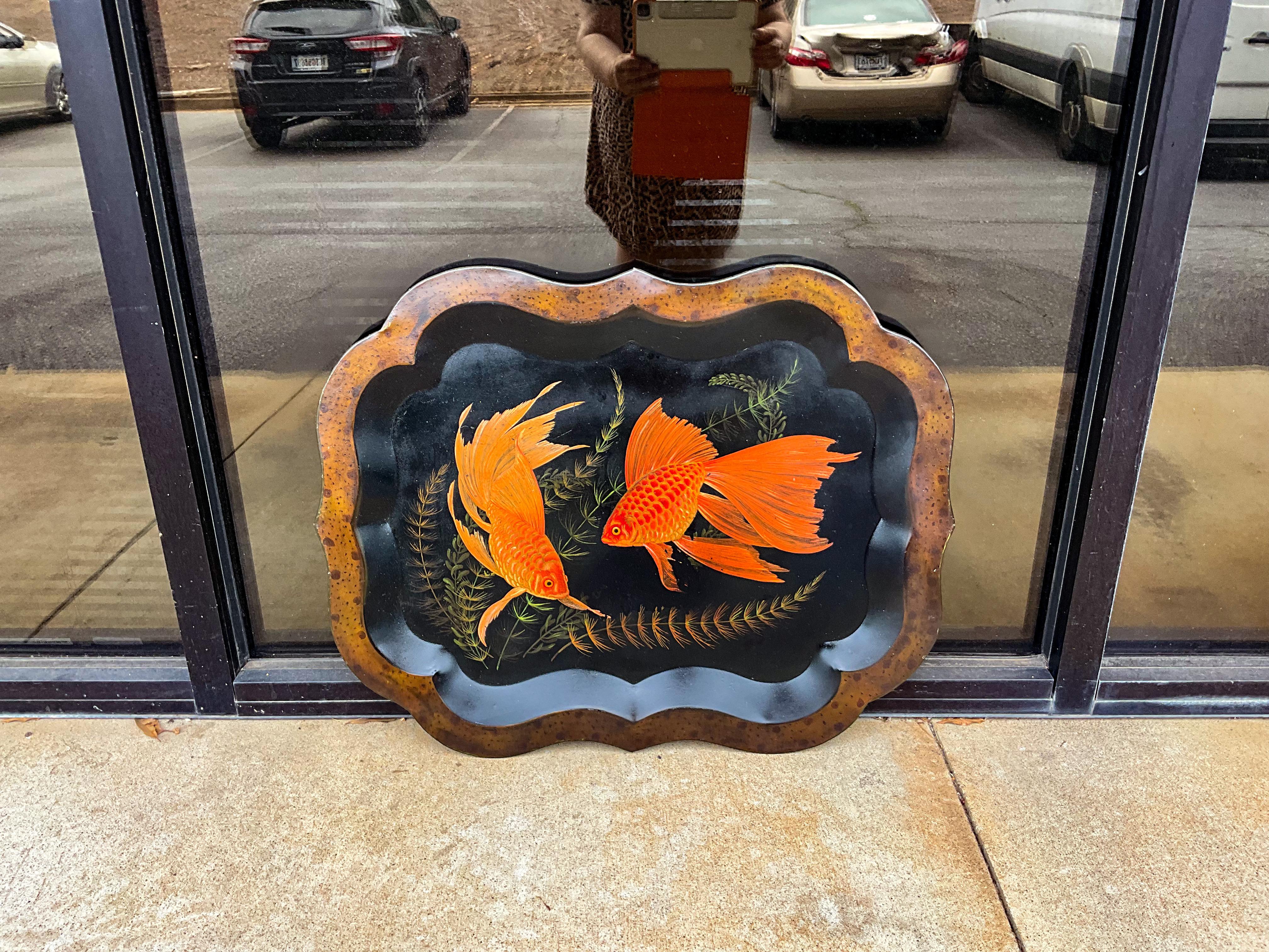 19th C English Tole Tray with Recent Faux Tortoise and Fish / Carp Painting In Good Condition For Sale In Kennesaw, GA