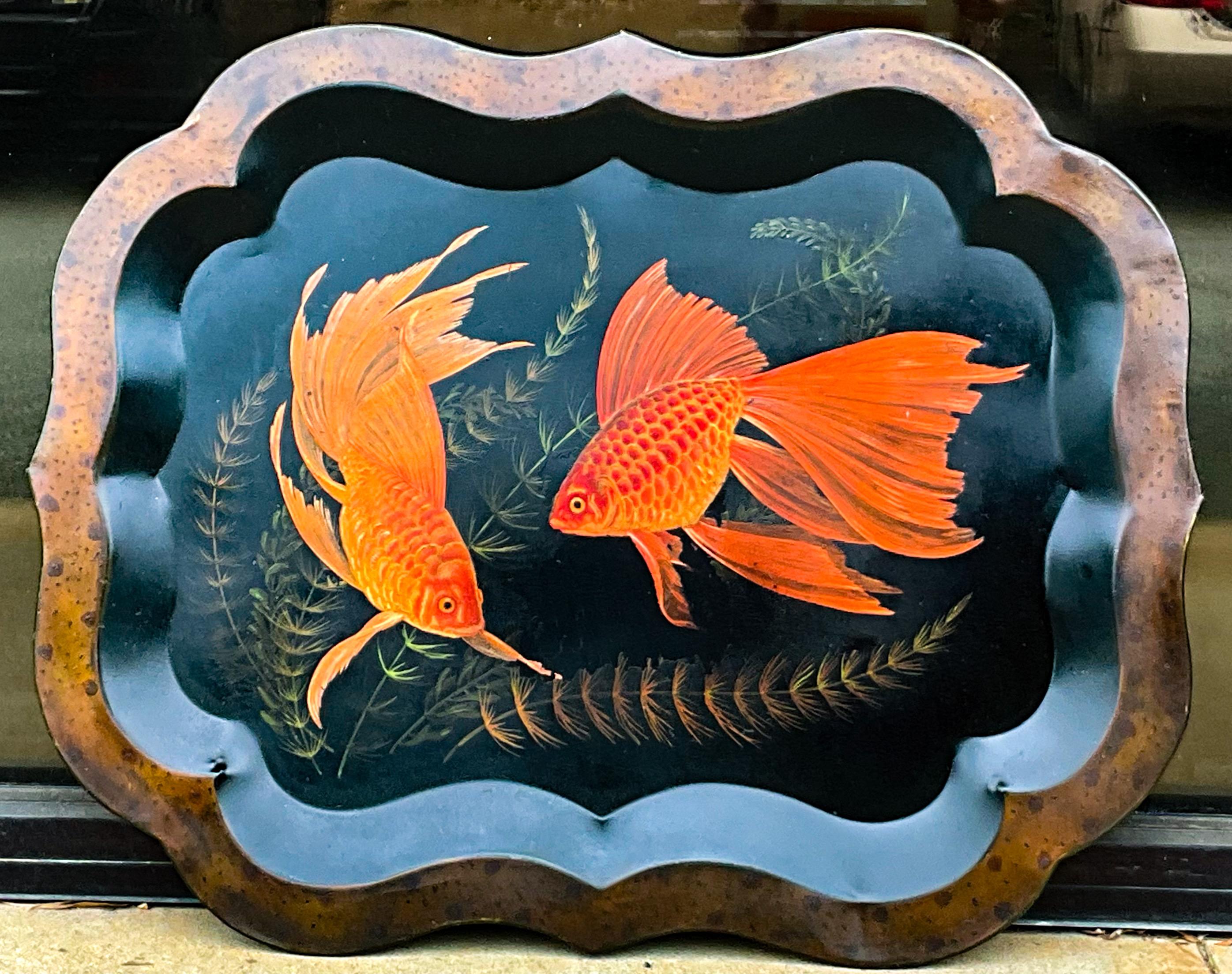 Metal 19th C English Tole Tray with Recent Faux Tortoise and Fish / Carp Painting For Sale
