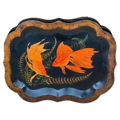 Antique 19th C English Tole Tray with Recent Faux Tortoise and Fish / Carp Painting