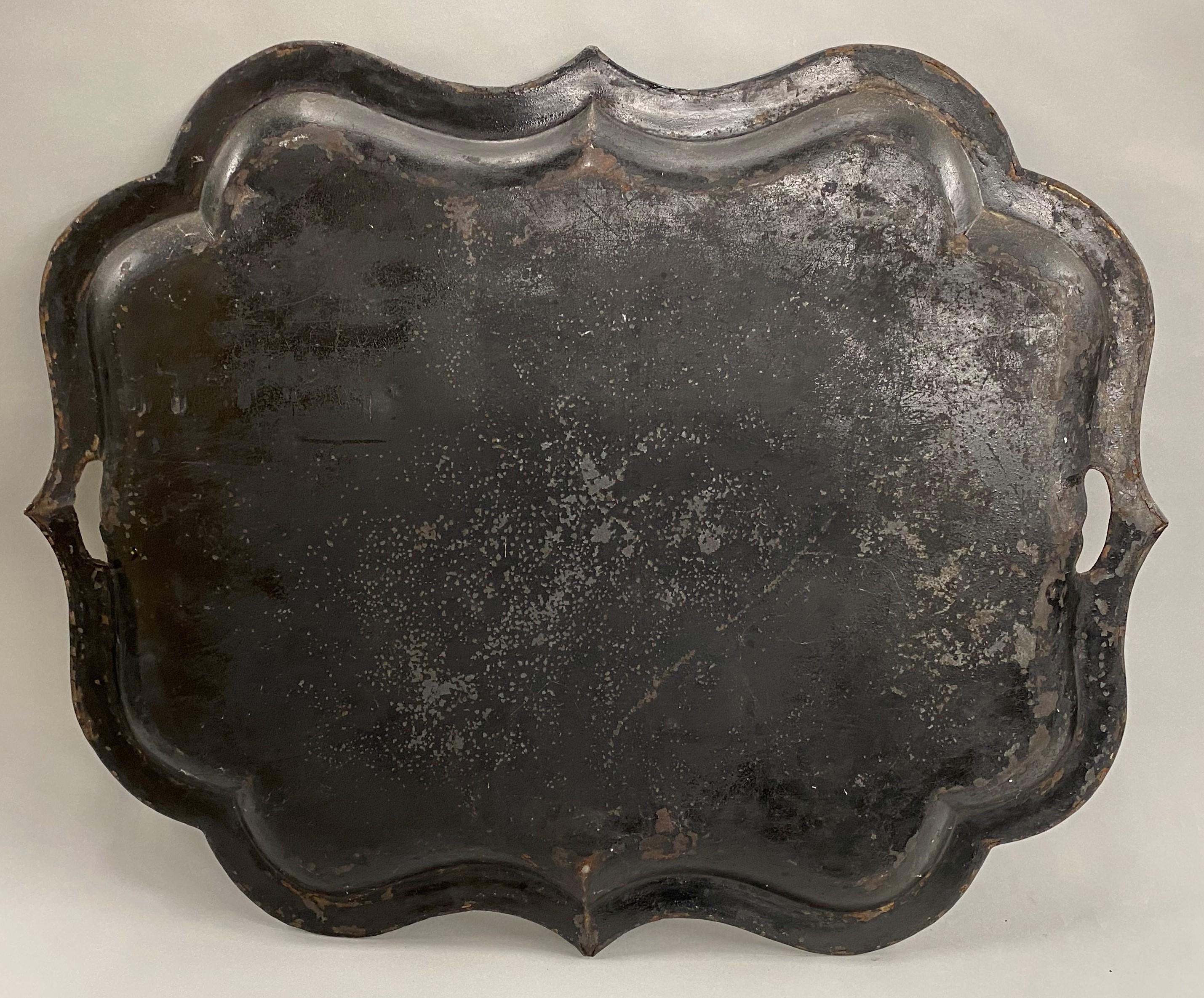 19th Century English Toleware Tray with Custom Black Lacquer Bamboo Base For Sale 5