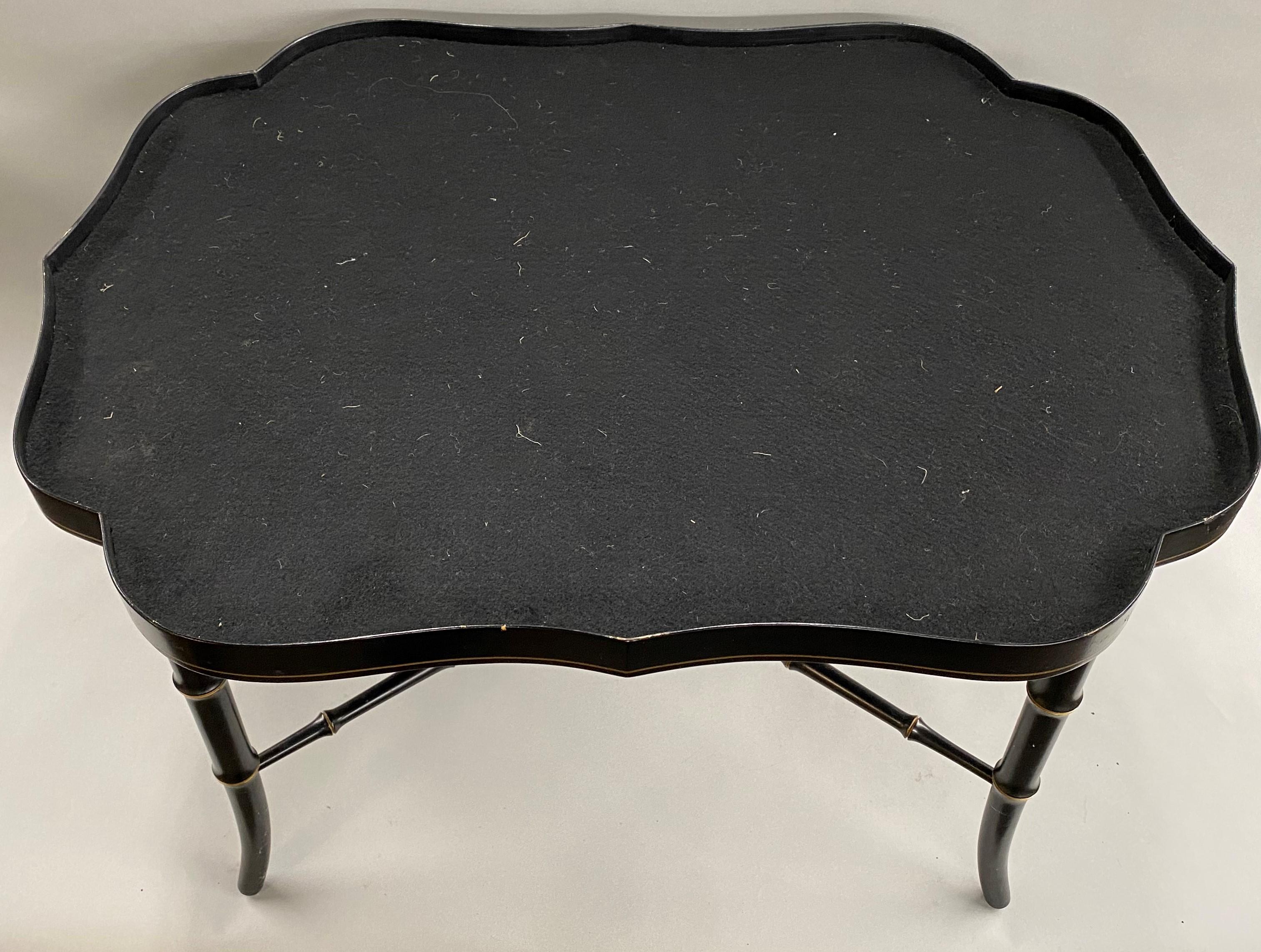 Lacquered 19th Century English Toleware Tray with Custom Black Lacquer Bamboo Base For Sale