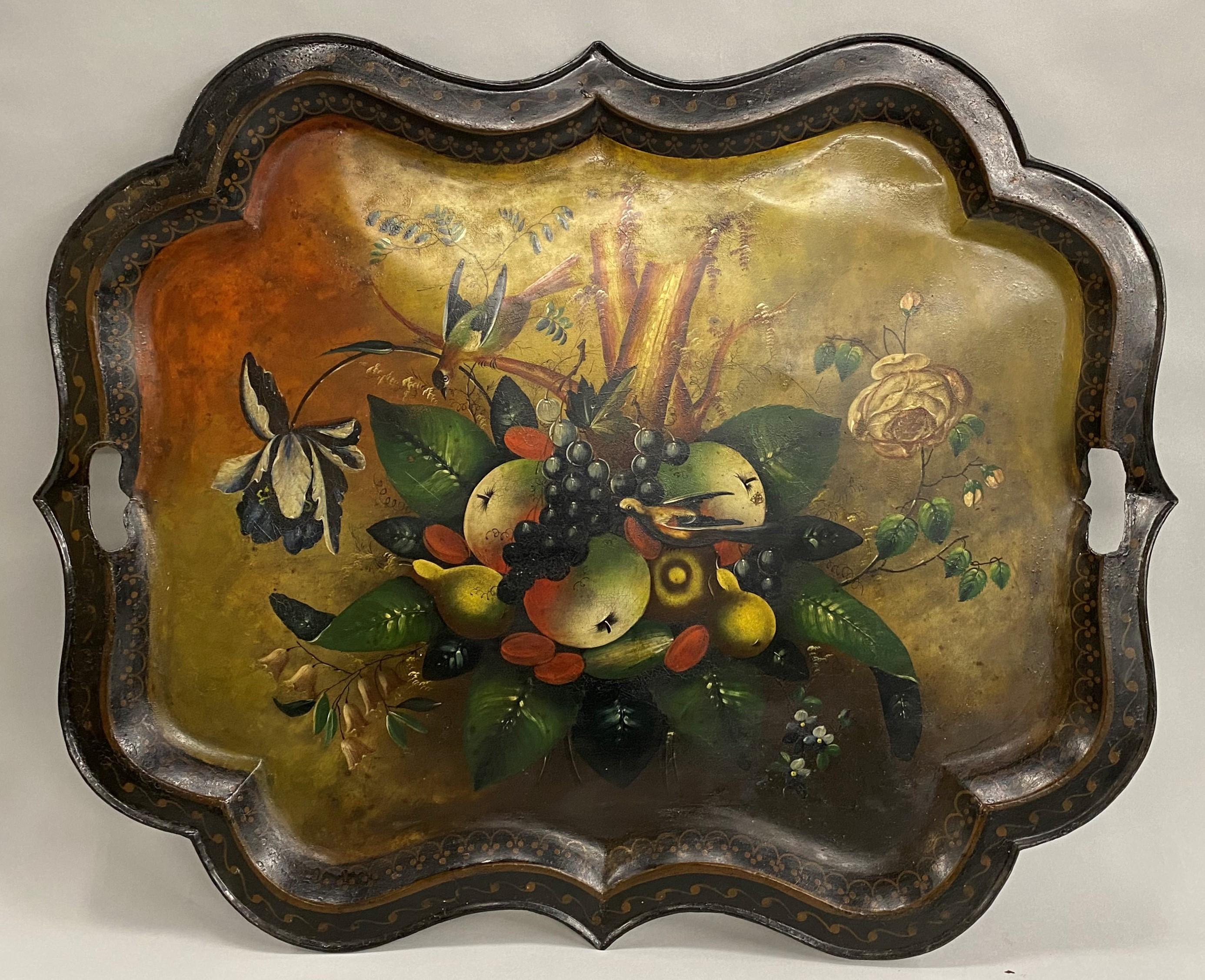 19th Century English Toleware Tray with Custom Black Lacquer Bamboo Base In Good Condition For Sale In Milford, NH