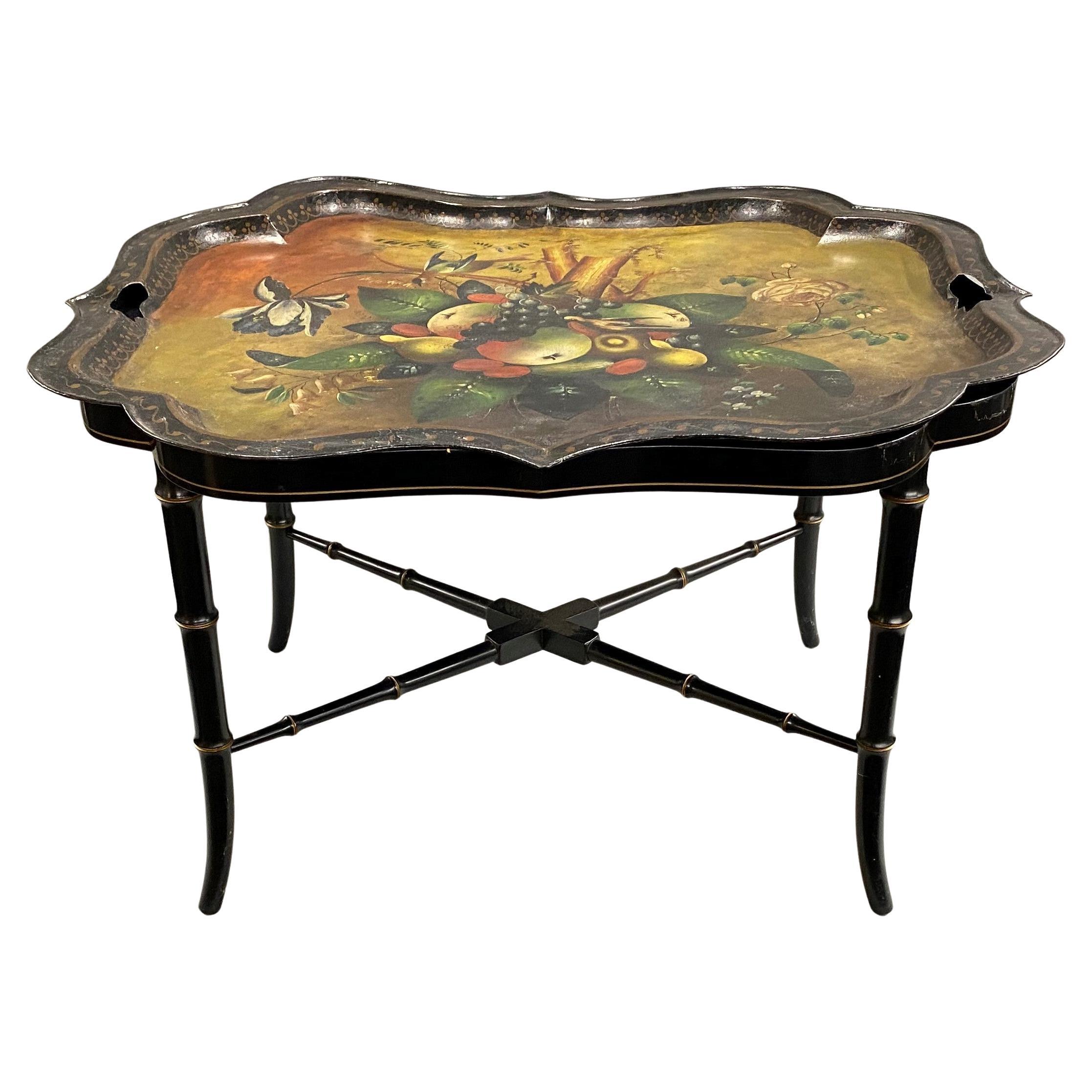 19th Century English Toleware Tray with Custom Black Lacquer Bamboo Base For Sale