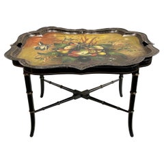 19th Century English Toleware Tray with Custom Black Lacquer Bamboo Base