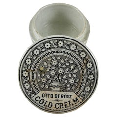 19th-C English Transfer Printed Chemists Pot & Lid, Otto of Rose Cold Cream