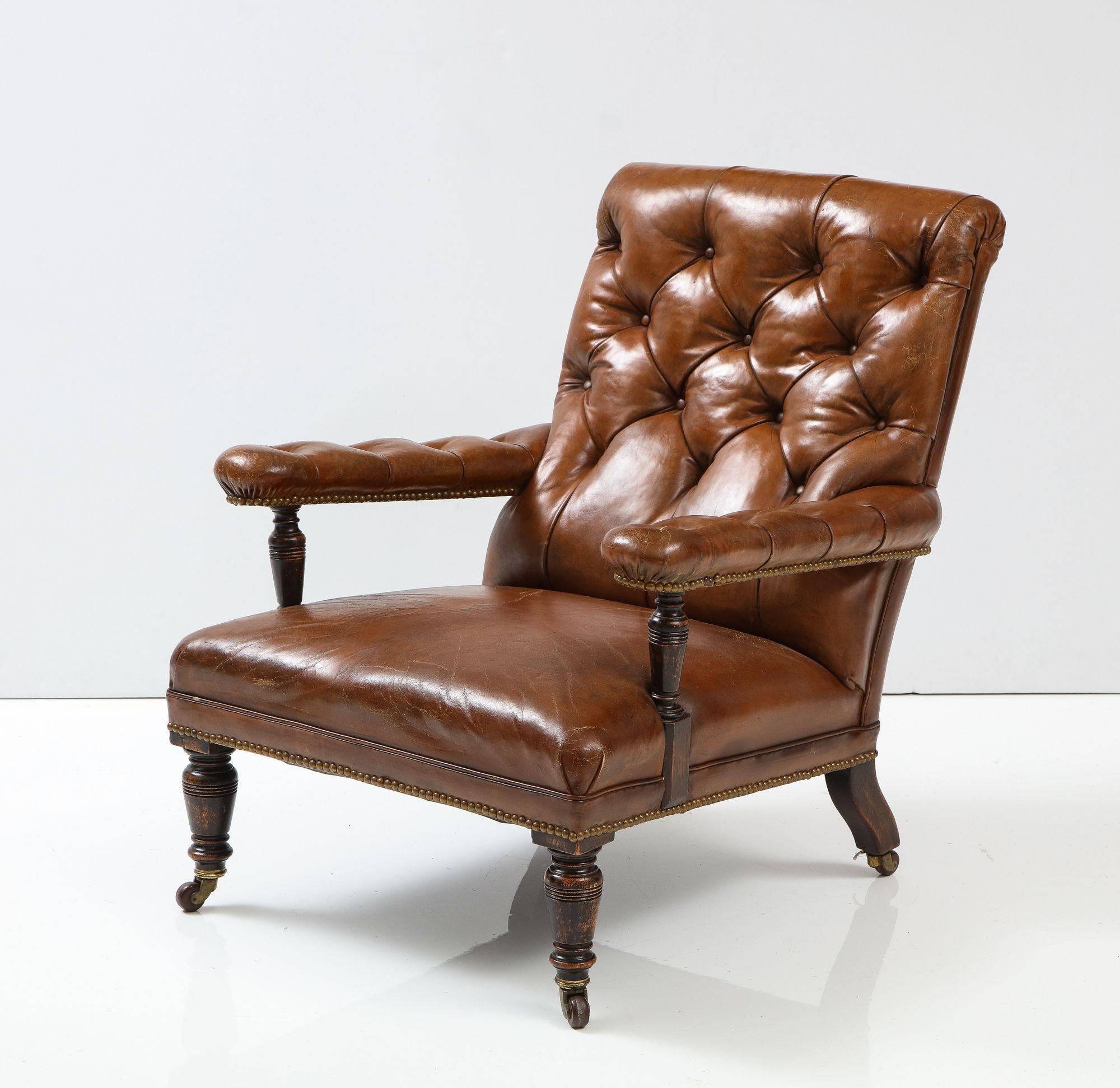 19th C. English Tufted Leather Library Chair In Good Condition In Greenwich, CT