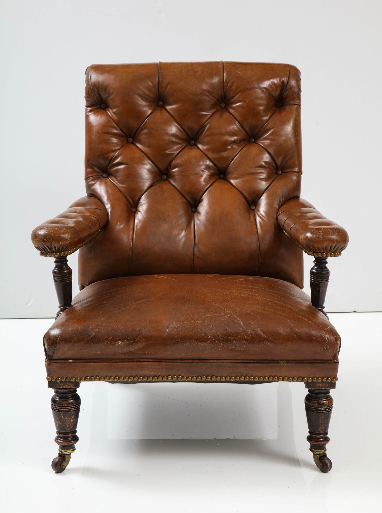 19th C. English Tufted Leather Library Chair 3