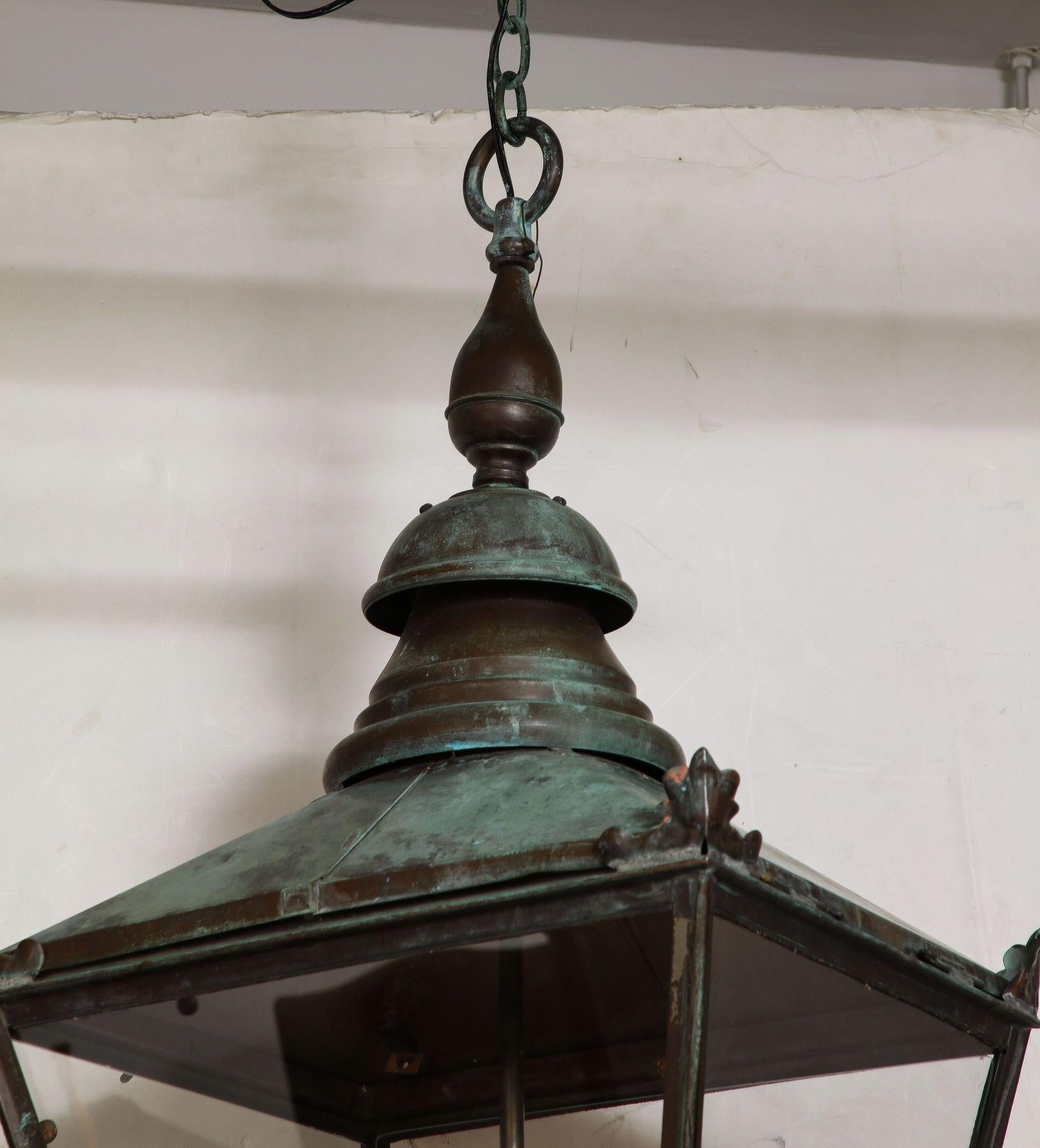 19th c. English Verdigris Copper Hall Lantern For Sale 5