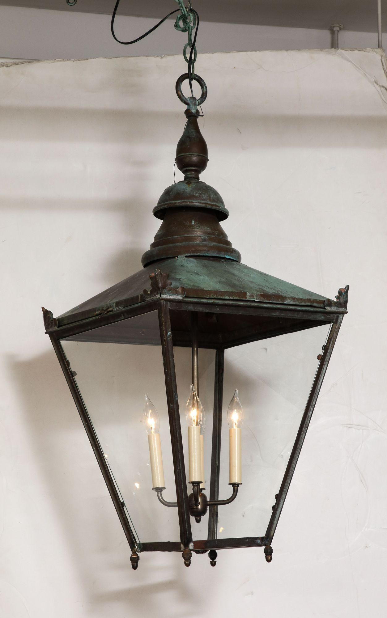 19th c. English Verdigris Copper Hall Lantern In Good Condition For Sale In Greenwich, CT
