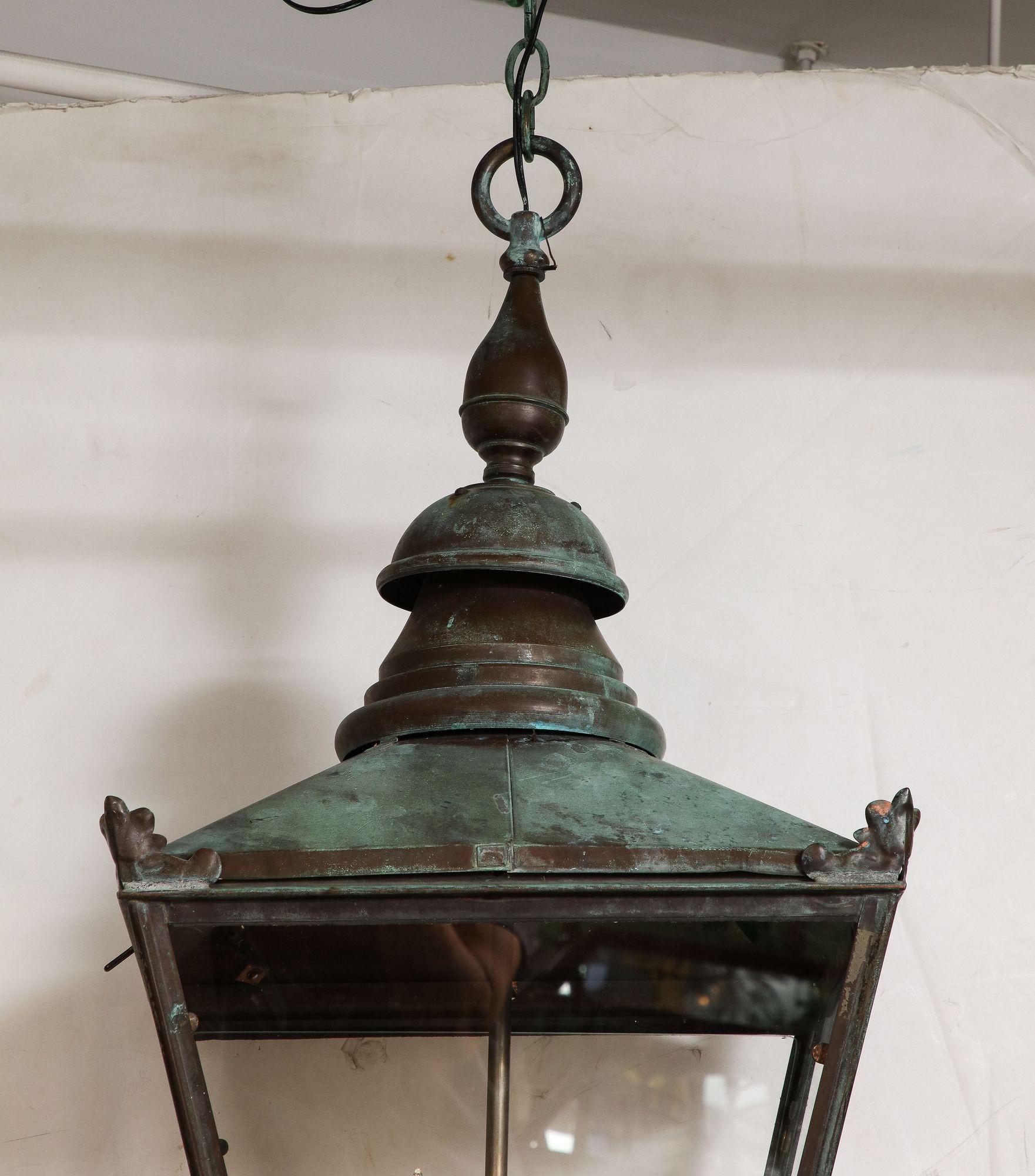 19th Century 19th c. English Verdigris Copper Hall Lantern For Sale