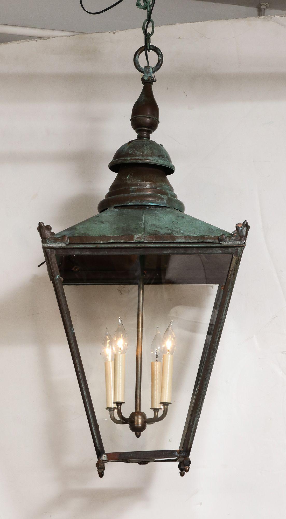 19th c. English Verdigris Copper Hall Lantern For Sale 1