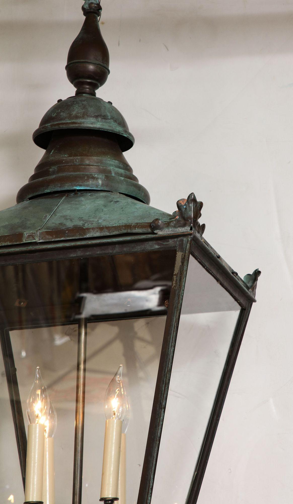 19th c. English Verdigris Copper Hall Lantern For Sale 3