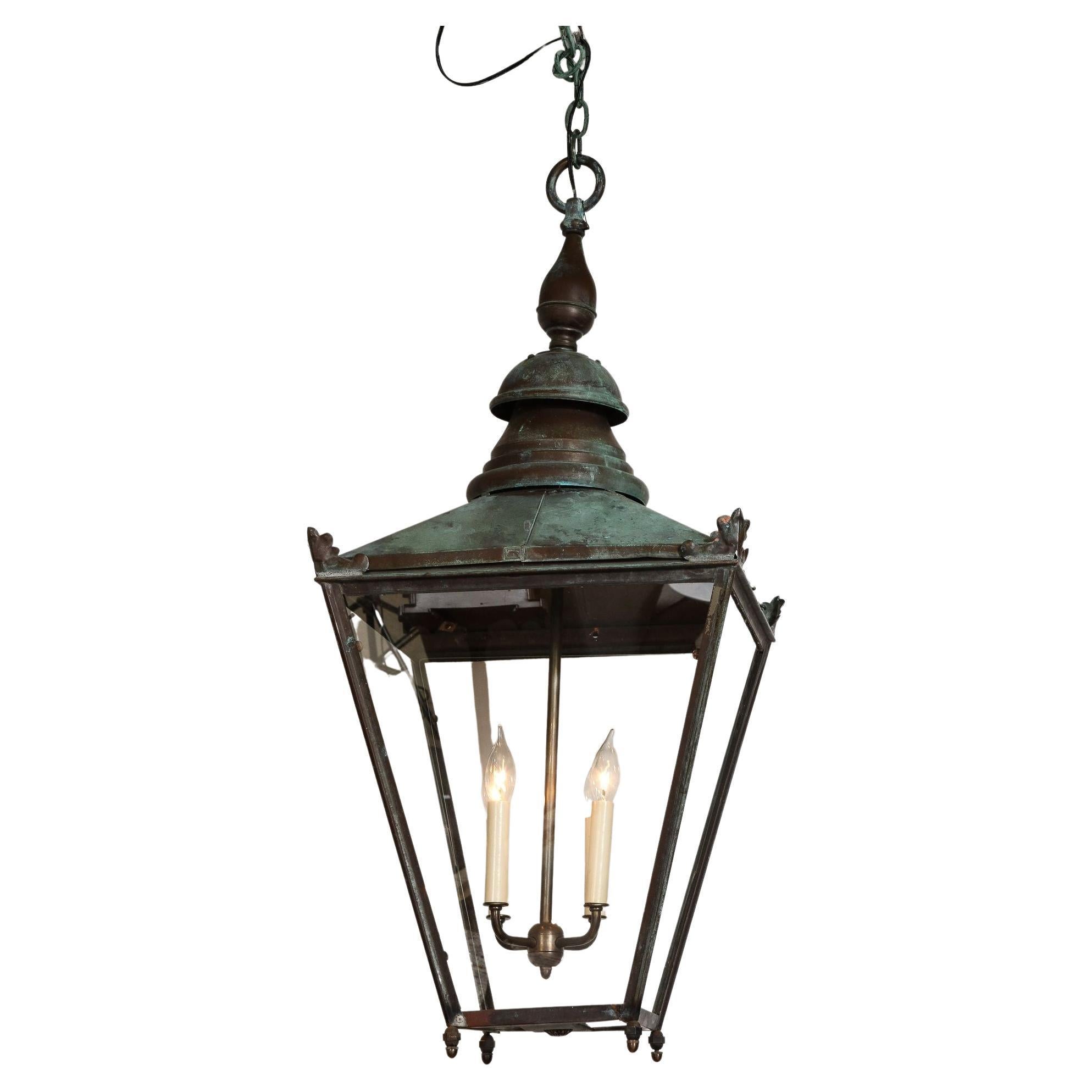 19th c. English Verdigris Copper Hall Lantern For Sale