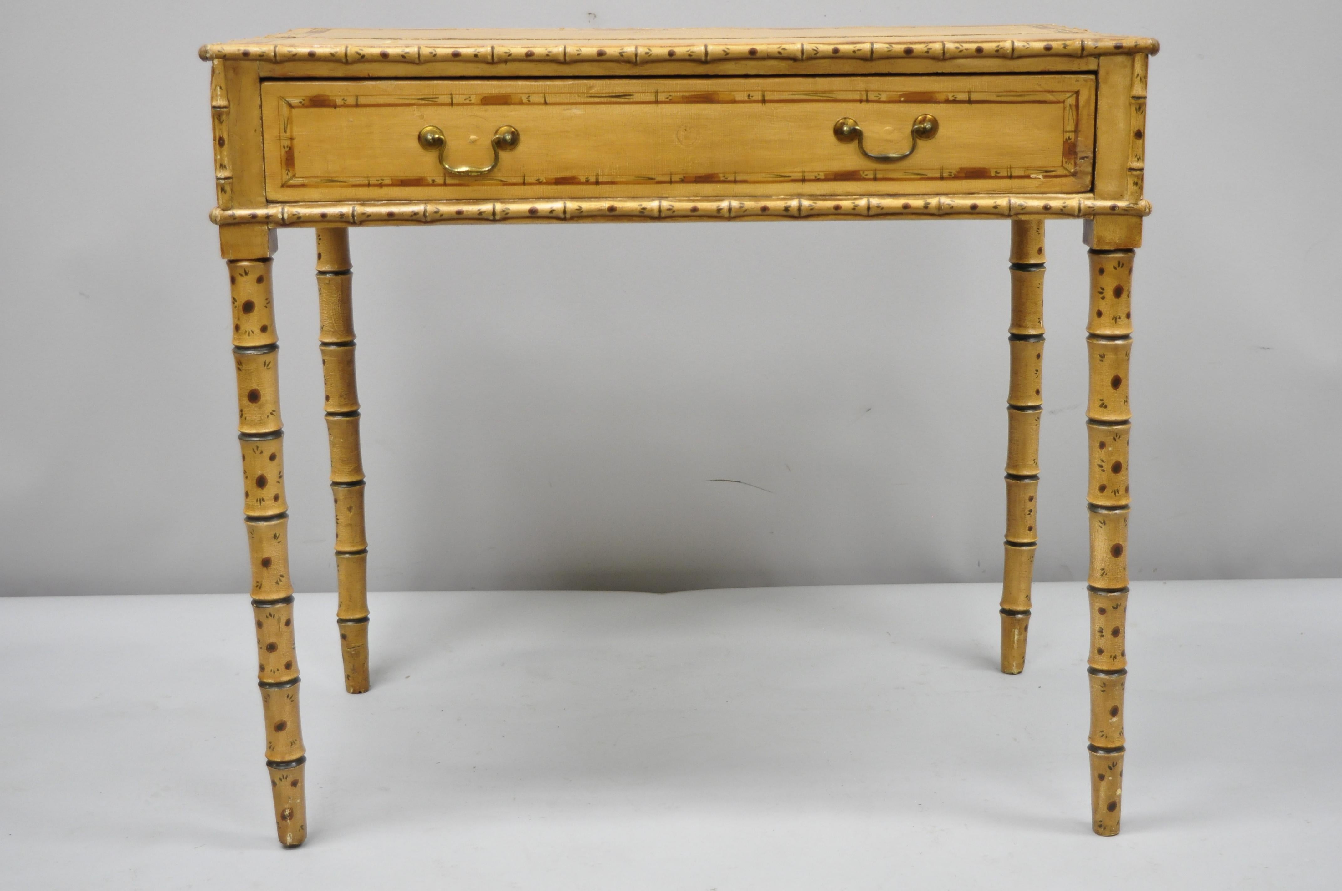 19th century English Victoria pine faux bamboo painted yellow small desk side table. Item features original hand painted details, turn carved faux bamboo legs, compartments to drawer, 1 dovetail drawer, very nice antique item,19th century.