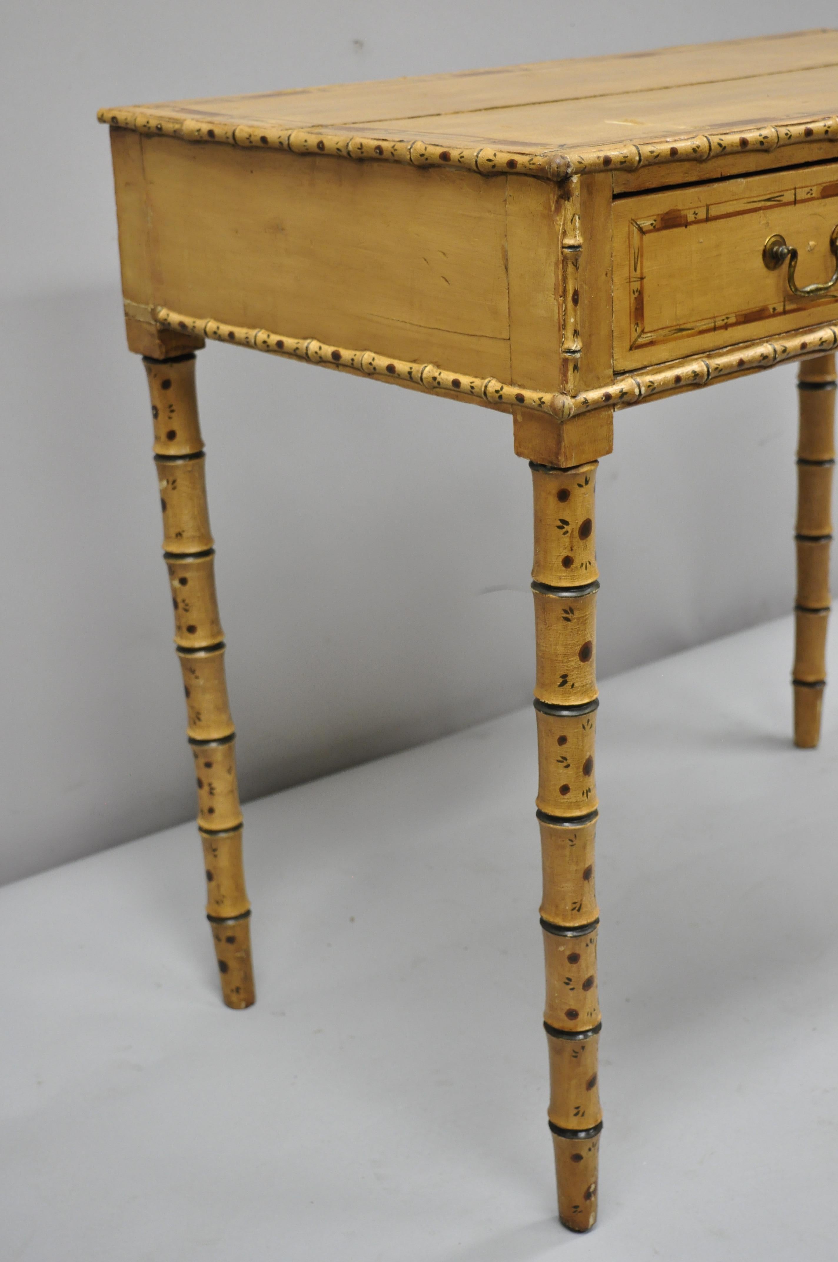 Victorian English Victoria Pine Faux Bamboo Painted Yellow Small Desk Side Table