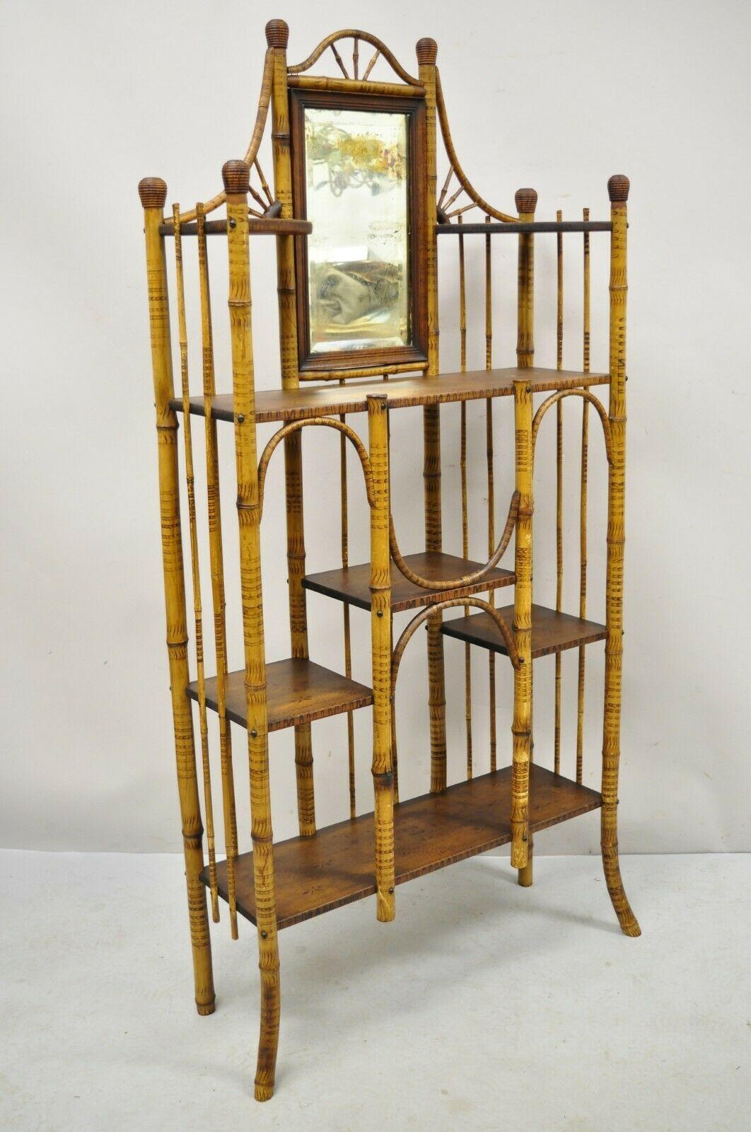 19th C. English Victorian bamboo stick and ball curio shelf display etagere. Item features stunning bamboo construction, distressed 
