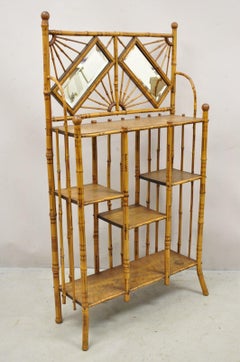 19th C English Victorian Bamboo Stick and Ball Curio Shelf Etagere w/ Mirror