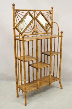 19th C English Victorian Bamboo Stick and Ball Curio Shelf Etagere w/ Mirror