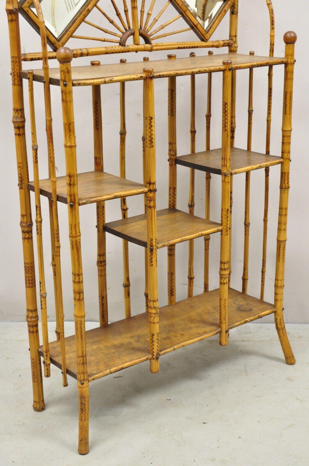 19th Century 19th C English Victorian Bamboo Stick and Ball Curio Shelf Etagere w/ Mirror For Sale