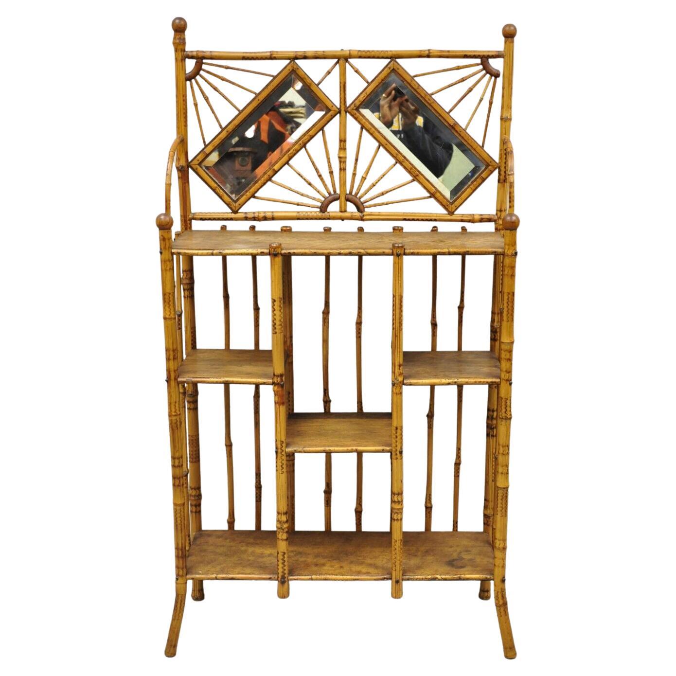 19th C English Victorian Bamboo Stick and Ball Curio Shelf Etagere w/ Mirror For Sale